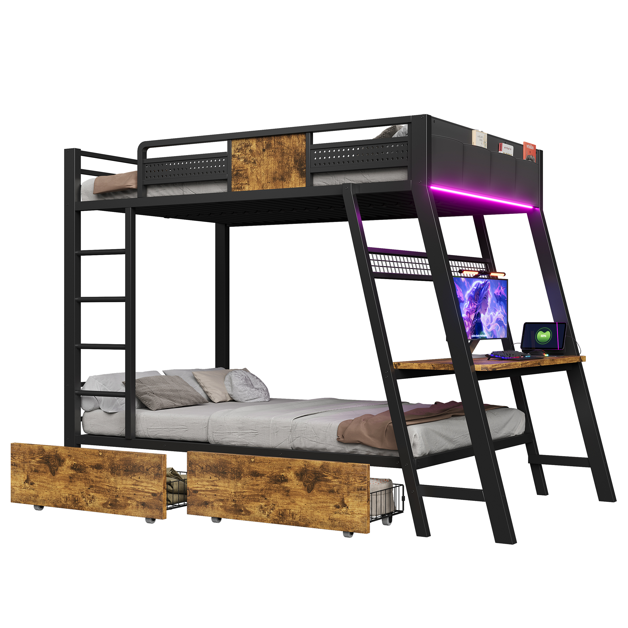 Lit superposé 90 x 200 cm, bureau intégré, échelle latérale, tiroirs de rangement, éclairage LED au niveau du bureau, métal et MDF, noir, 236 x 95,5 x 170 cm 🛏️🪜 - présentation 1