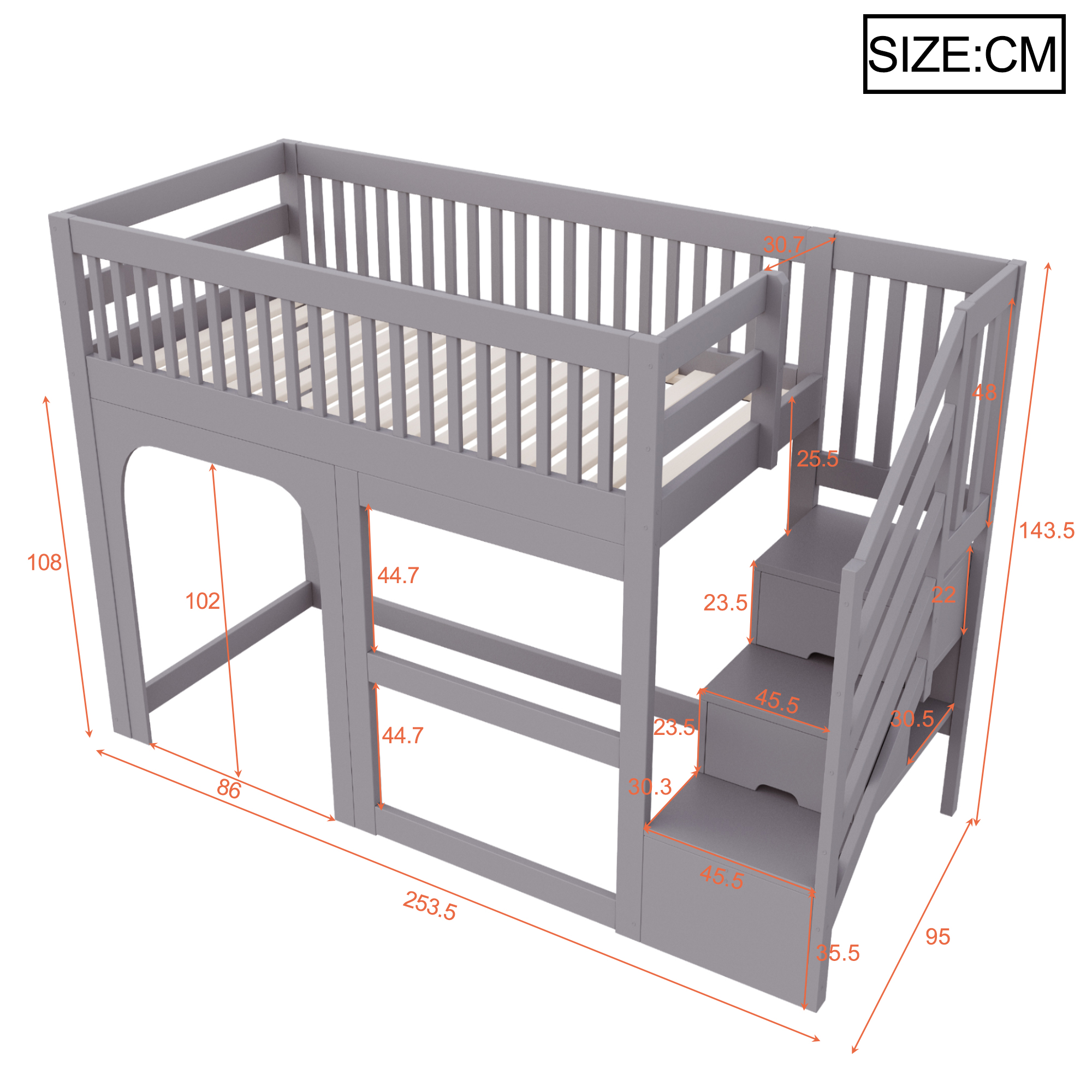 Dimensions et fonctions de Lit mezzanine en bois 90 x 200 cm avec éclairage LED, rangements et barrières de sécurité, Gris