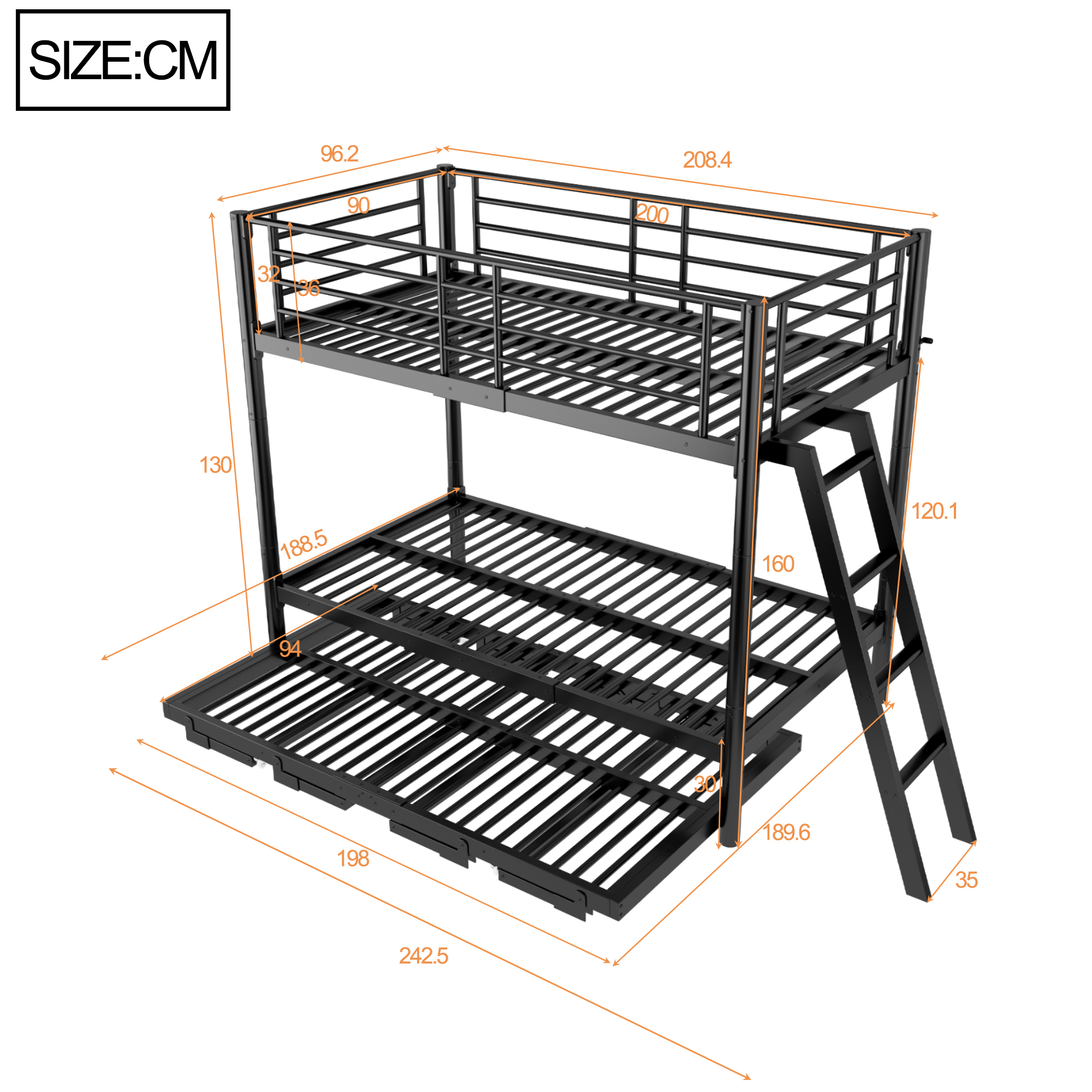 Schéma des dimensions du lit superposé noir avec couchage inférieur extensible