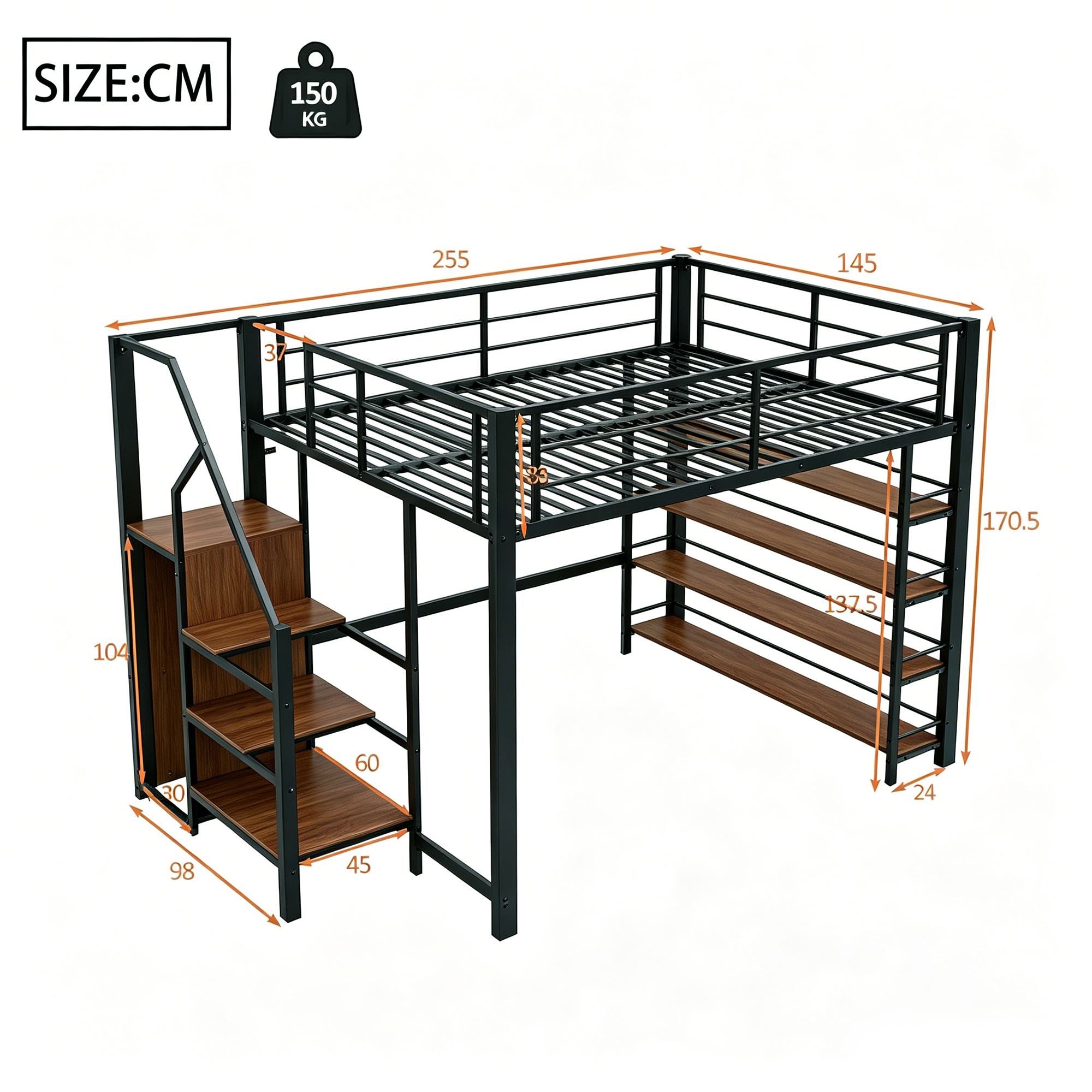Lit mezzanine 140x200 cm gain de place 255x145x170,5 cm en métal Noir - vue complémentaire 1