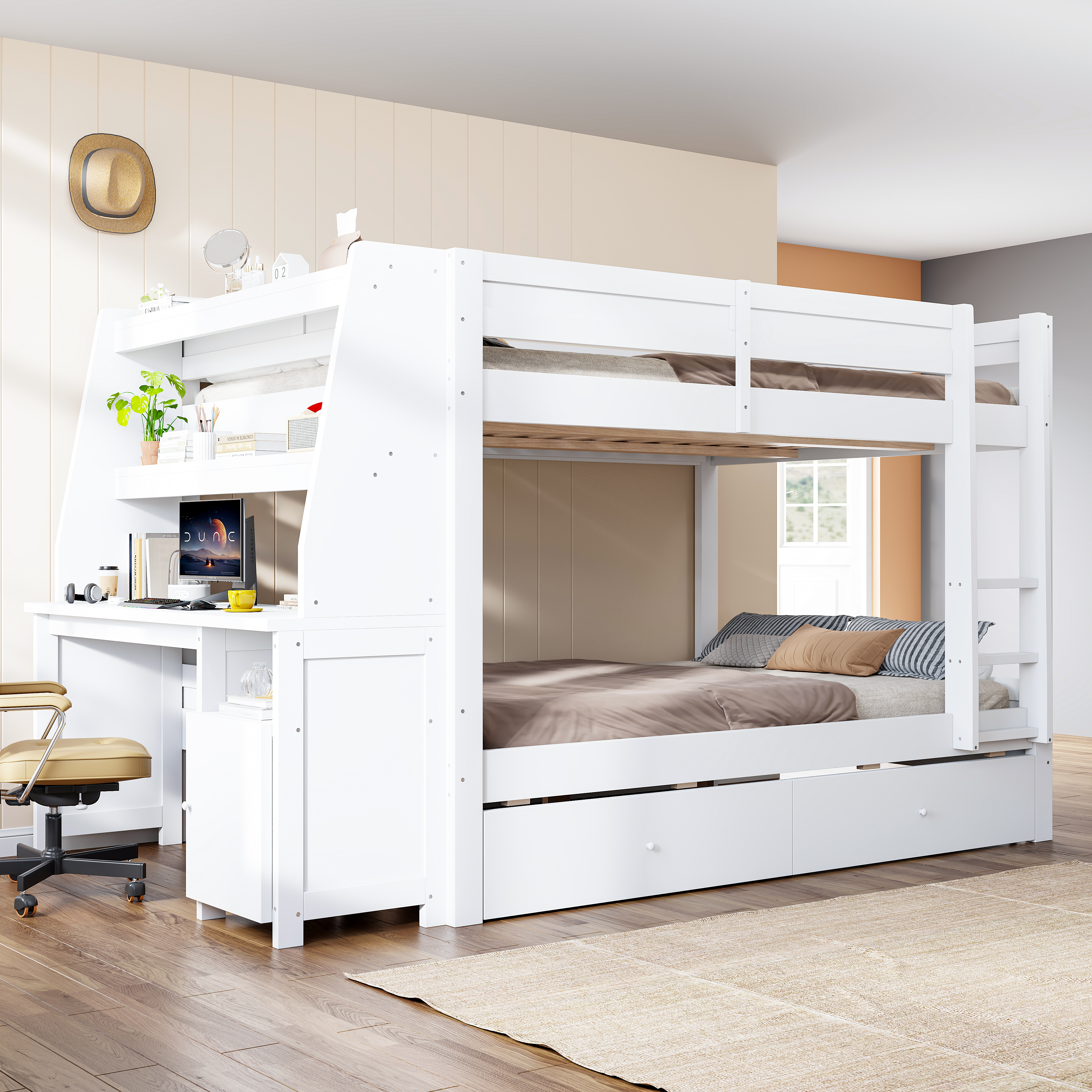 Lit mezzanine en bois 140 x 200 cm avec bureau, tiroirs, rangements et barrières de sécurité, Blanc