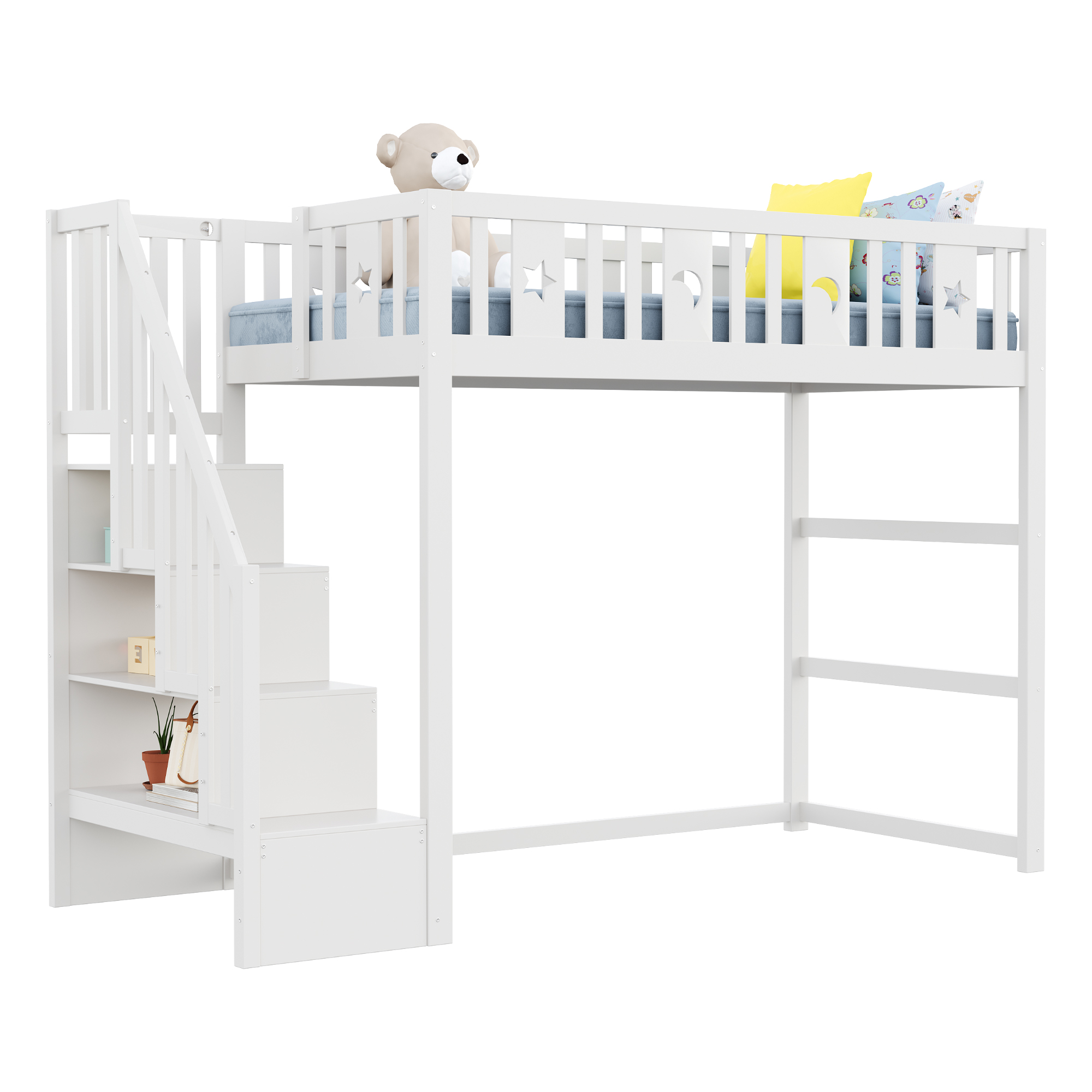 Lit mezzanine enfant 90 x 200 cm en bois massif avec escalier de rangement, détails étoile et lune, blanc en situation