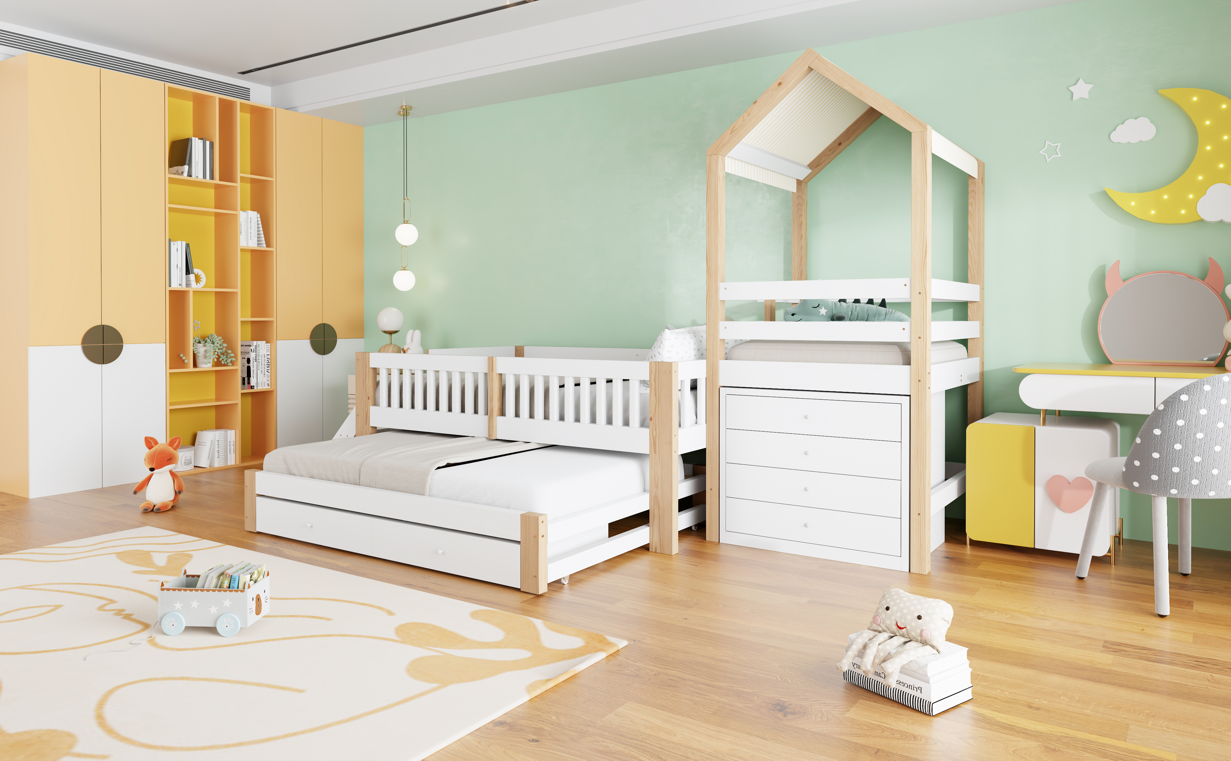 Lit cabane enfant 90x200 cm avec lit gigogne, rangements et toit en tissu blanc et bois naturel