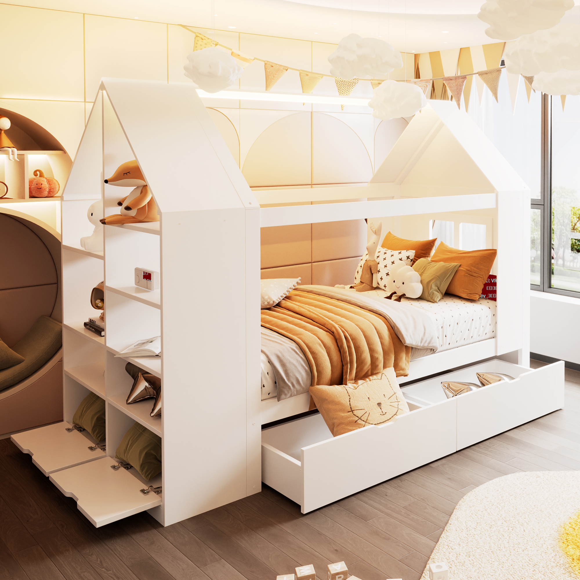 Lit cabane enfant 90 x 200 cm, 2 tiroirs, éclairage LED latéral, bois massif et MDF, blanc, 235 x 95 x 154,5 cm 🏠 - points forts 1