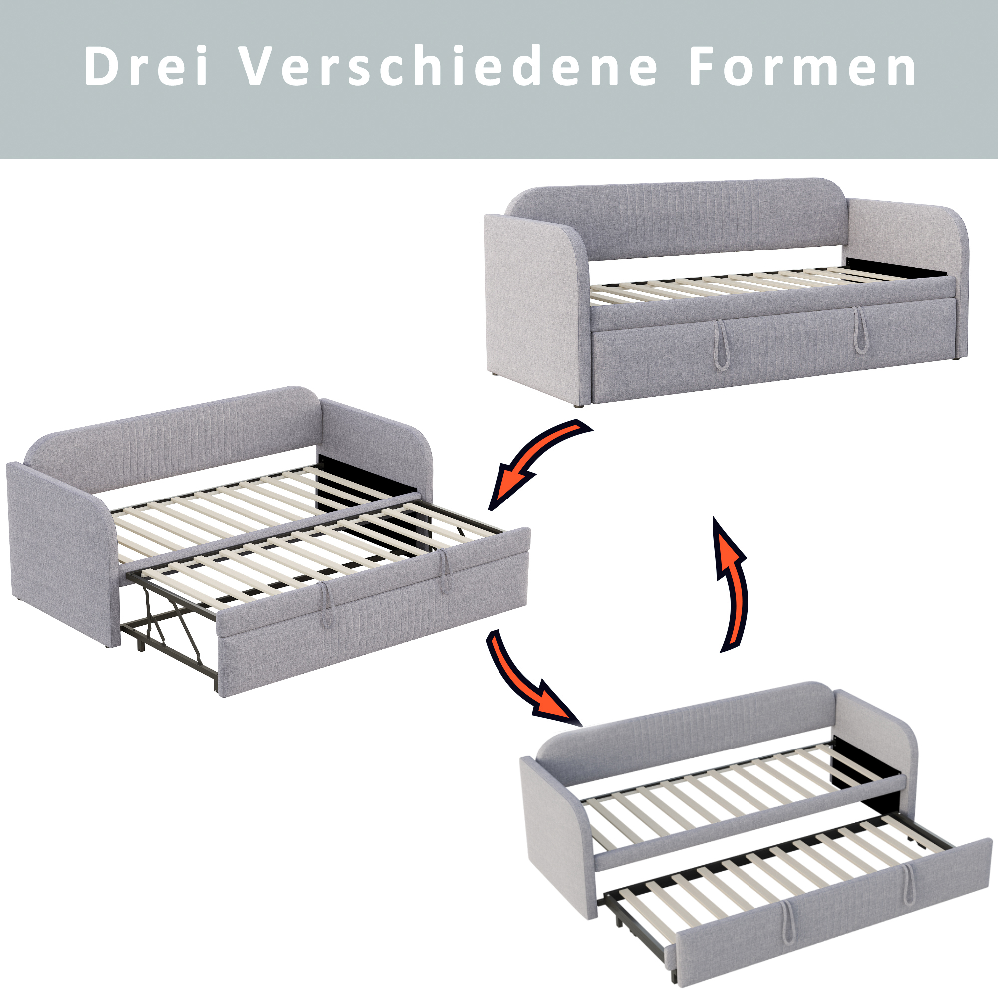 Détails du lit banquette extensible gris clair avec sommier à lattes