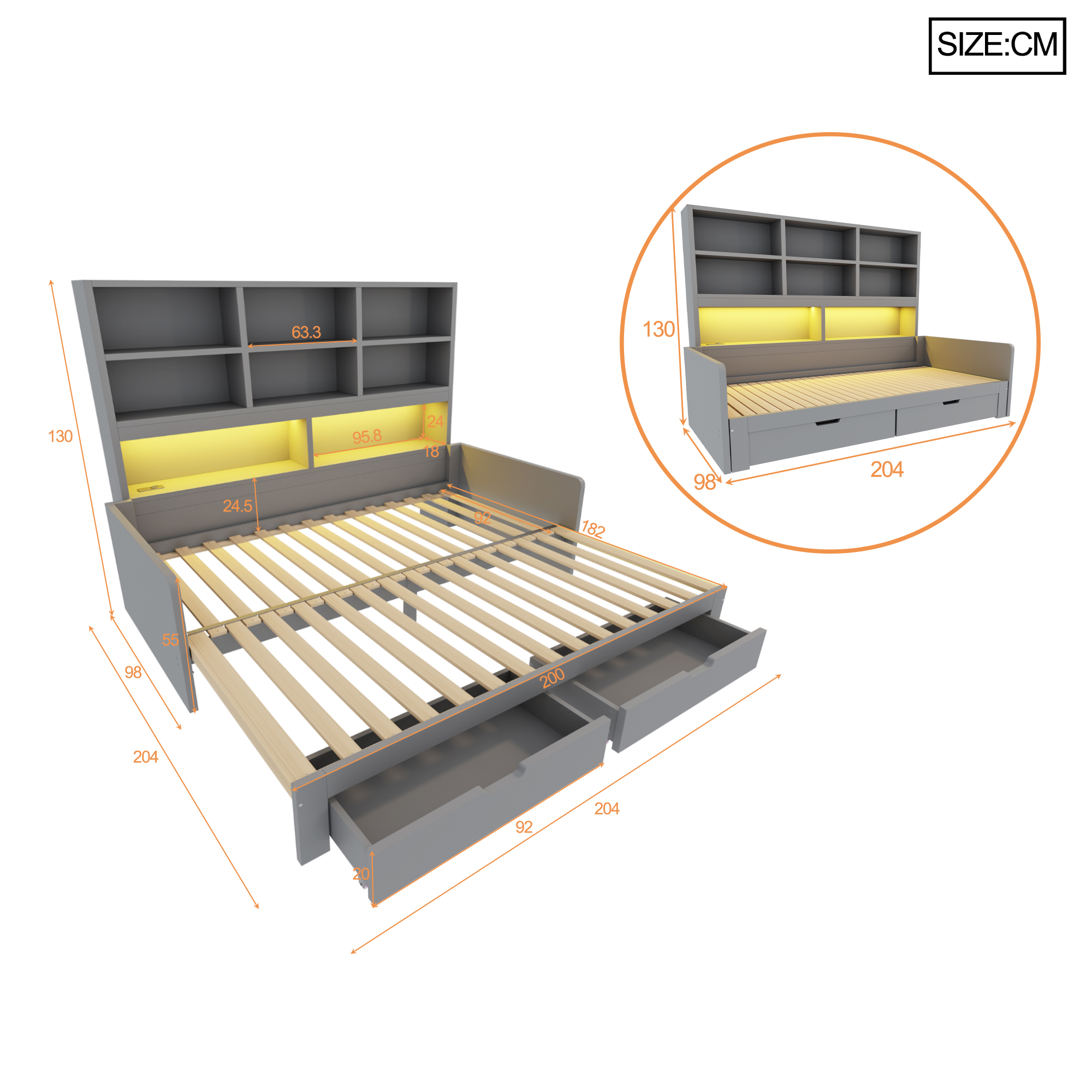 Schéma dimensionnel du lit banquette gris extensible, longueur 204 cm, profondeur compacte 98 cm, profondeur déployée 204 cm et hauteur 130 cm