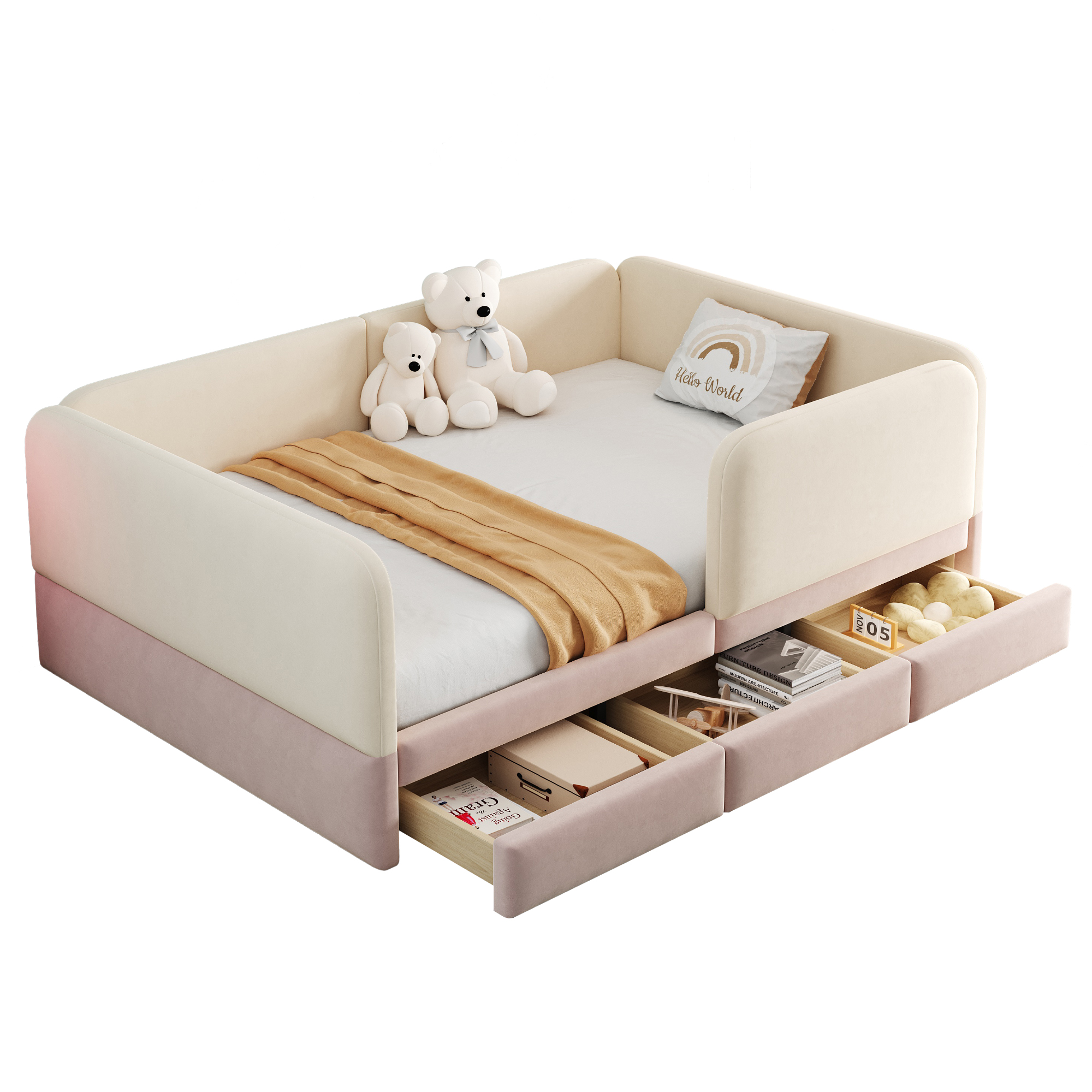 Détails de Lit rembourré en velours 140 x 200 cm avec tiroirs, protection rembourrée et angles arrondis, Beige et Rose, sans matelas