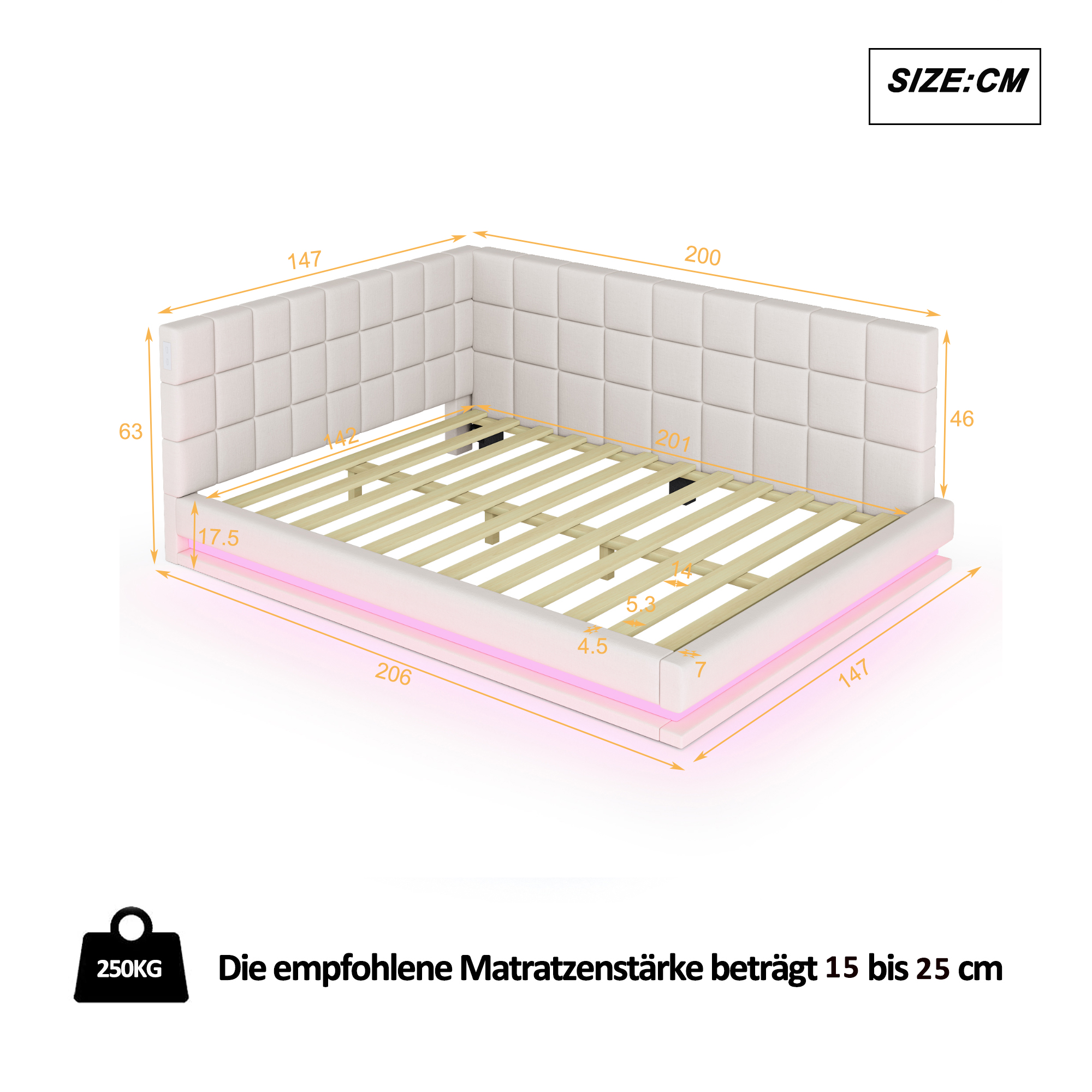 Lit canapé 140x200 lin beige LED