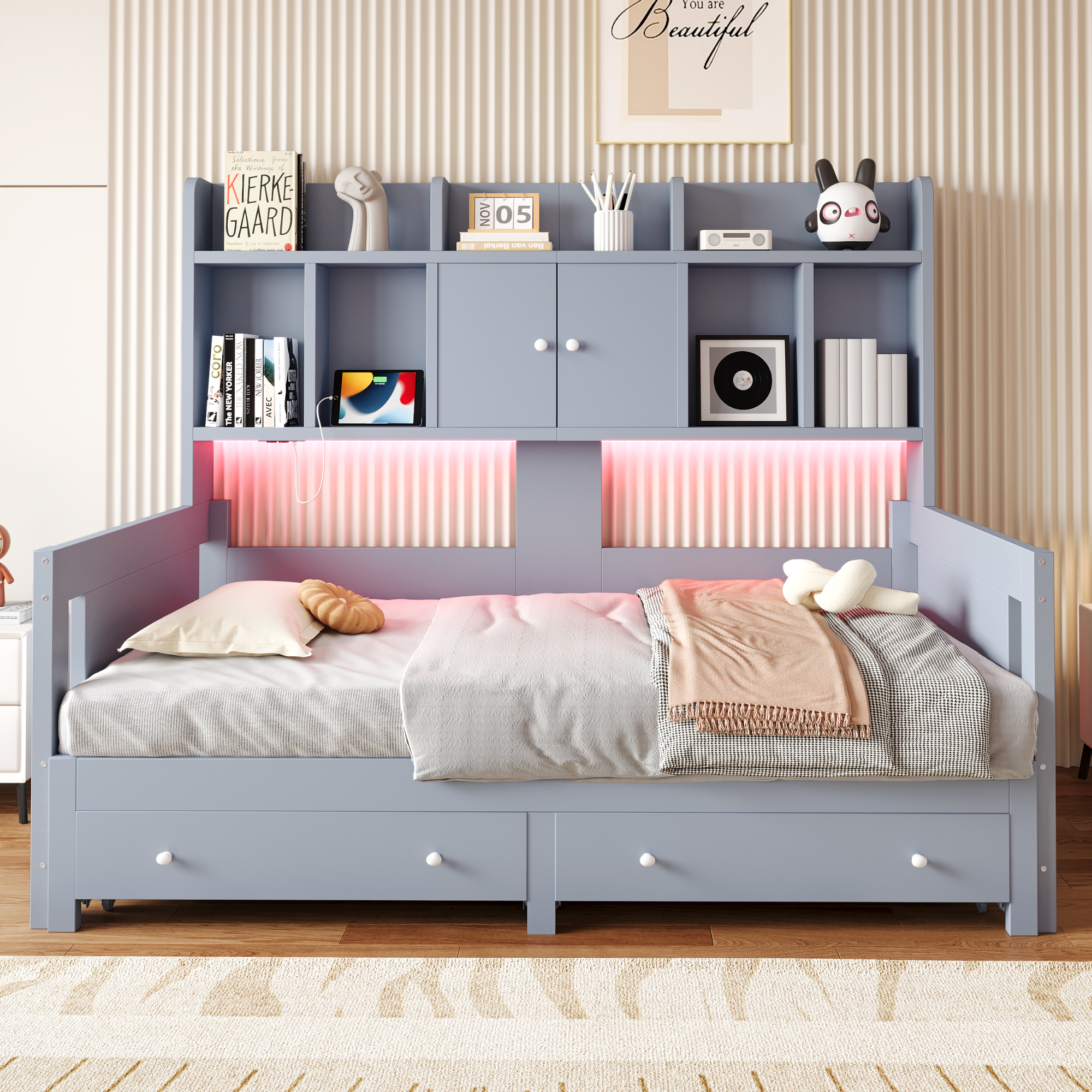Lit banquette / lit gigogne 90 x 190 cm avec éclairage LED, prises intégrées, rangements intégrés, fonction extensible, gris - présentation 1