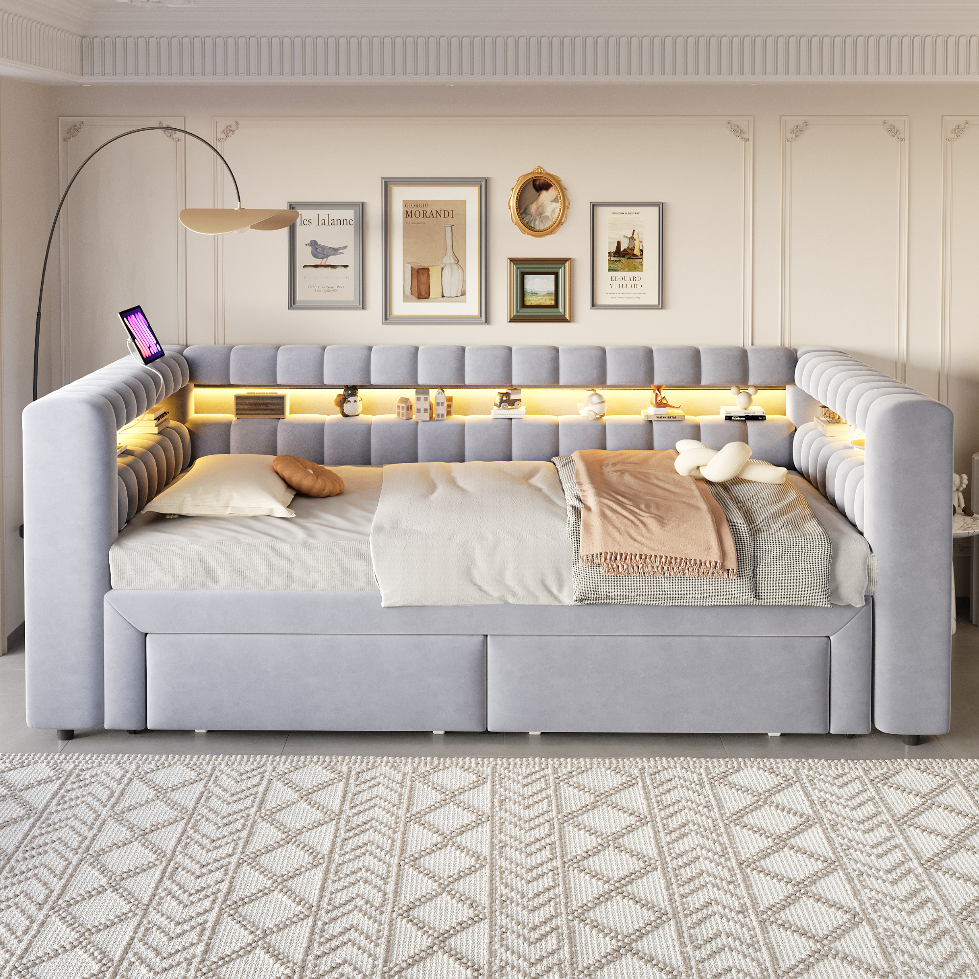 Lit rembourré, ports USB, extensible, avec tiroirs, éclairage led, 210 x 109 x 80 cm, velours et tissu, gris clair - vue 4