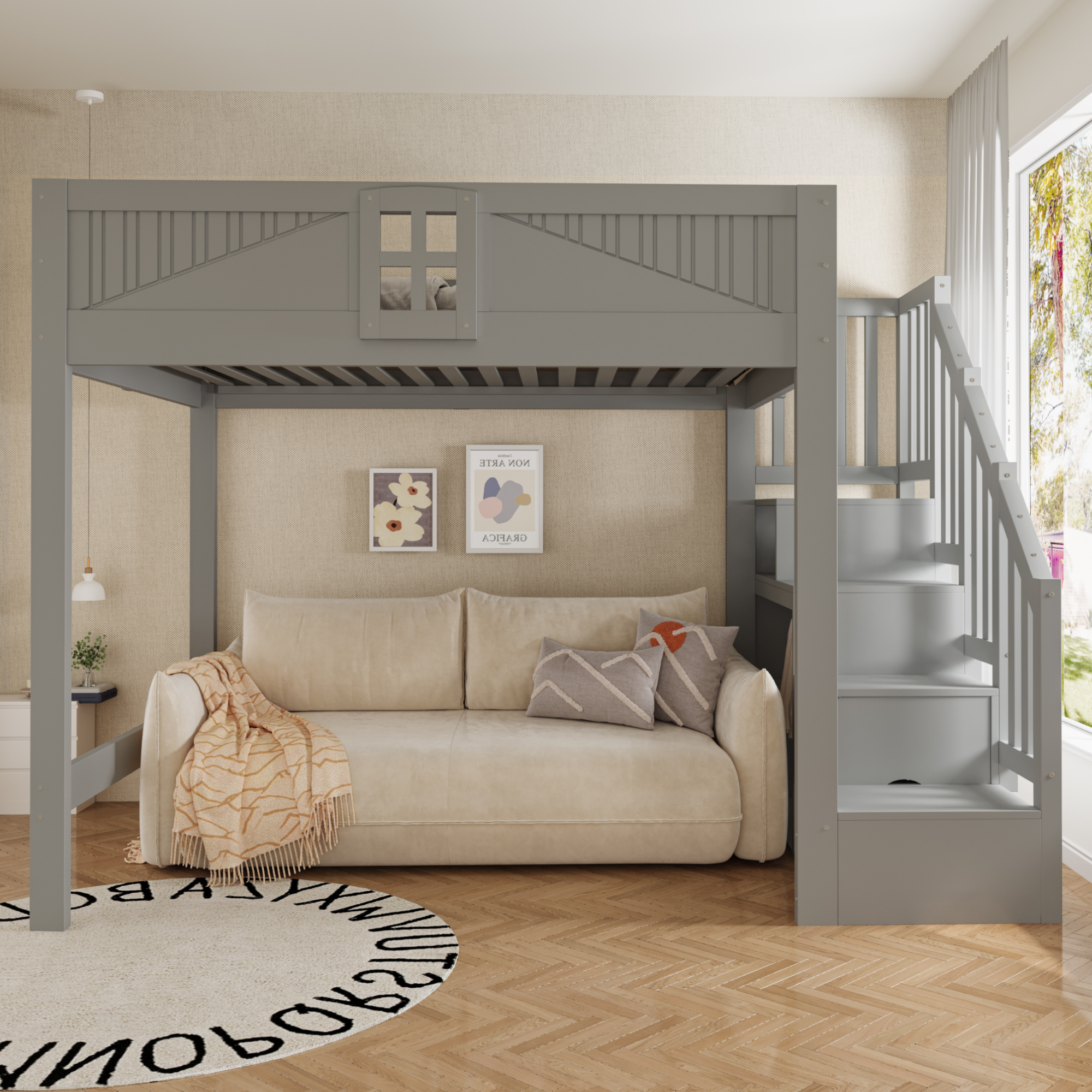 Lit mezzanine 140 x 200 cm avec bureau, échelle, LED, bois, Gris - vue principale