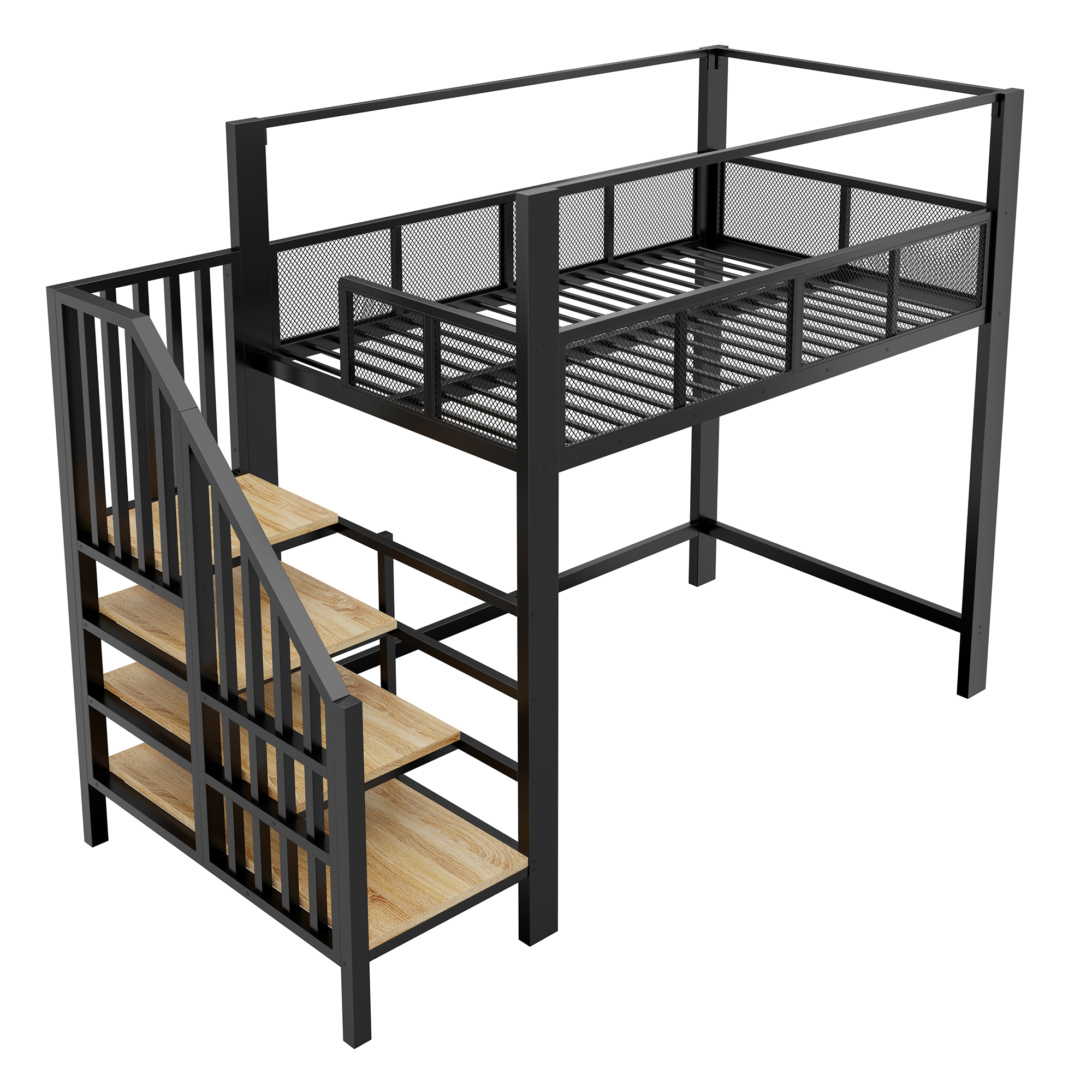 Lit mezzanine 90 x 200 cm, bureau intégré, escalier de rangement, baldaquin, garde-corps, métal, noir, 252,2 x 95,5 x 193 cm - présentation 1