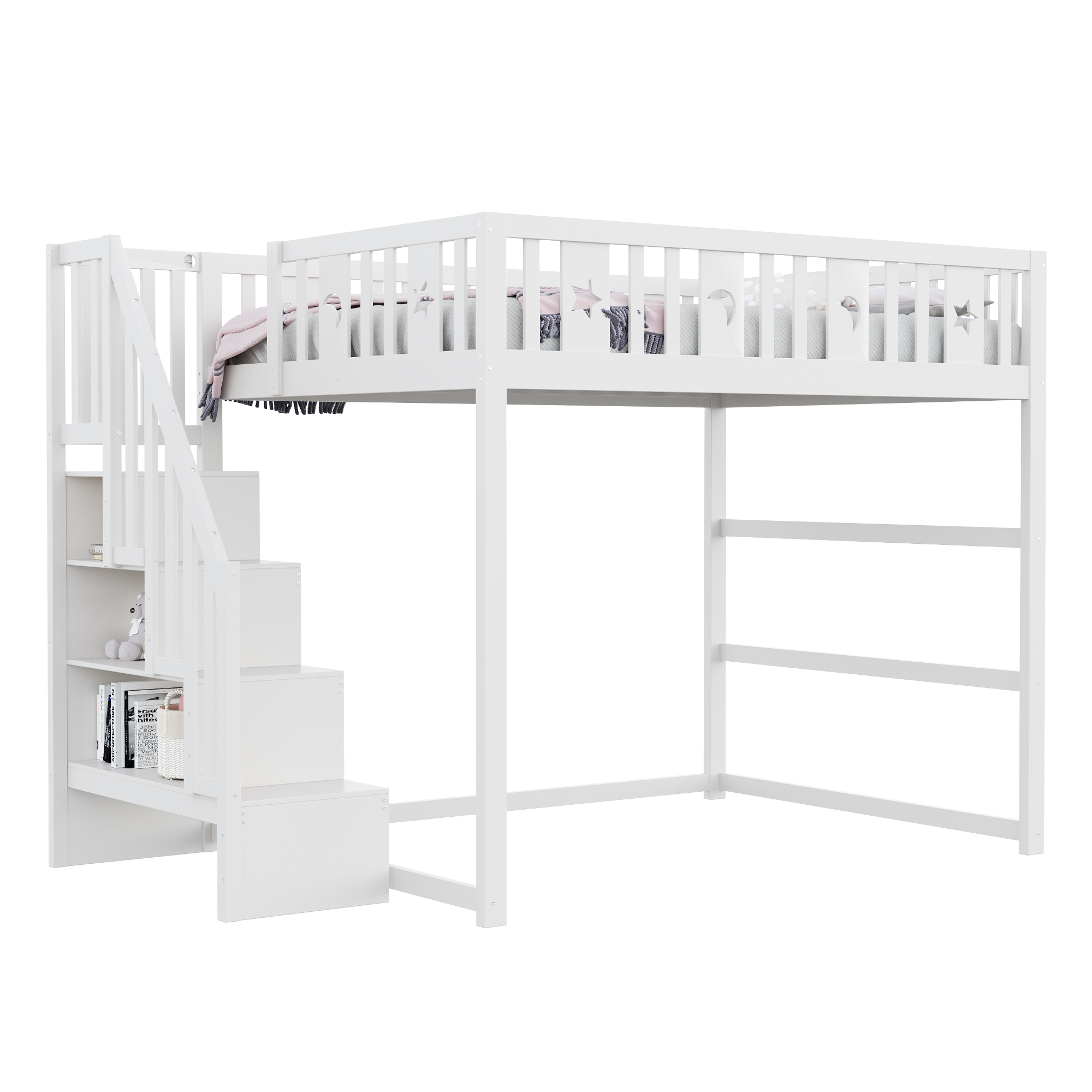 Dimensions et détails du lit mezzanine enfant 140 x 200 cm en bois massif avec escalier de rangement, détails étoile et lune, blanc