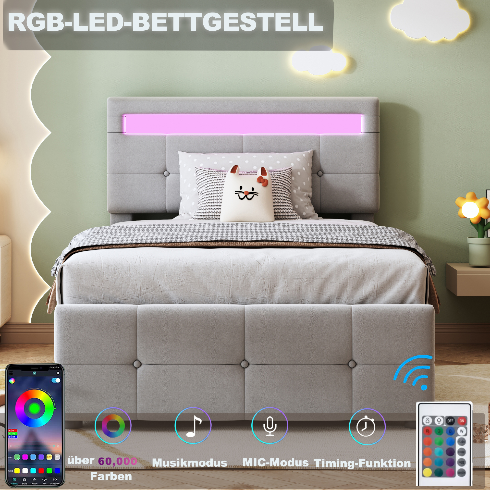 Polsterbett Kinderbett 90x200 cm, Mit LED-Beleucht