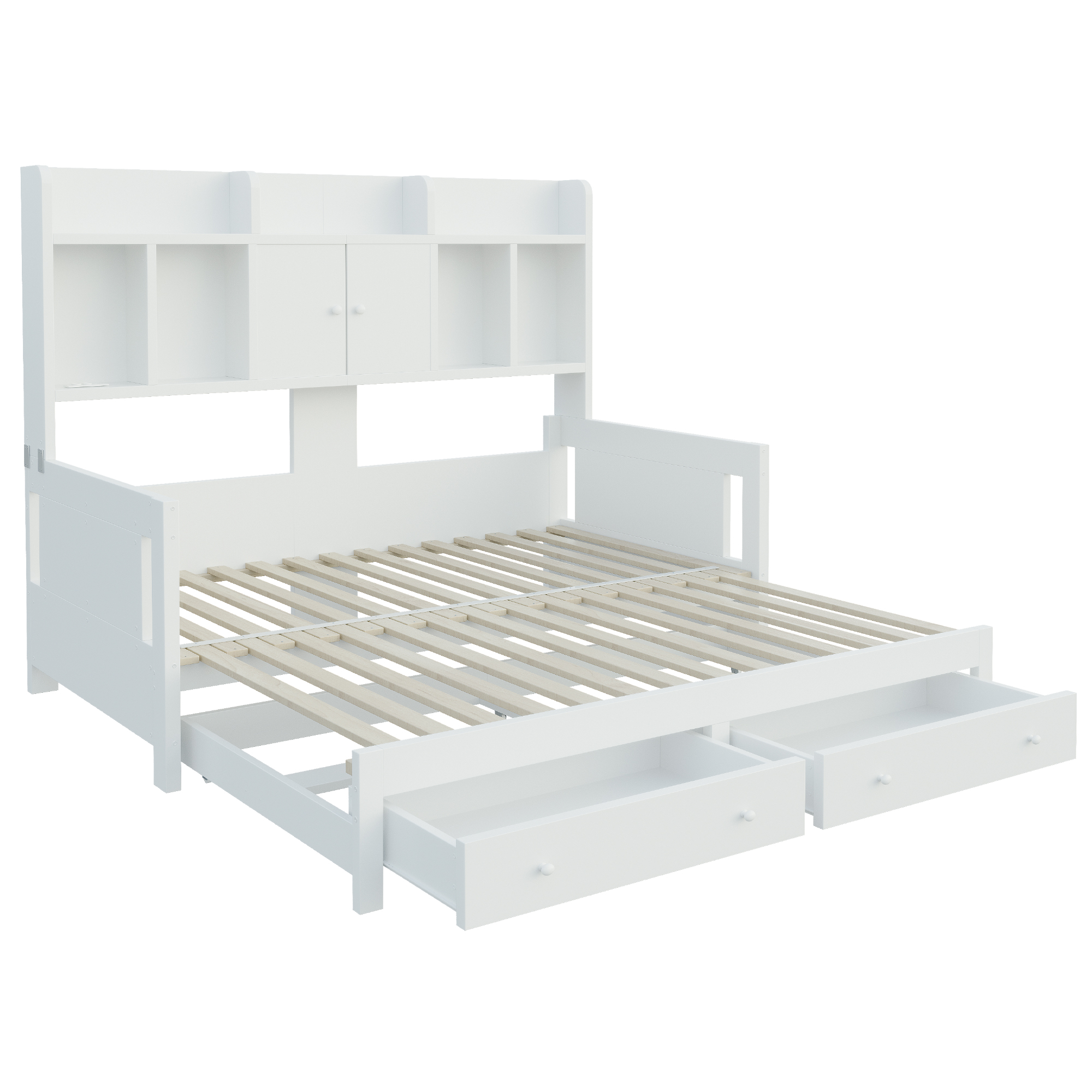Lit banquette / lit gigogne 90 x 190 cm avec éclairage LED, prises intégrées, rangements intégrés, fonction extensible, blanc - spécifications 1