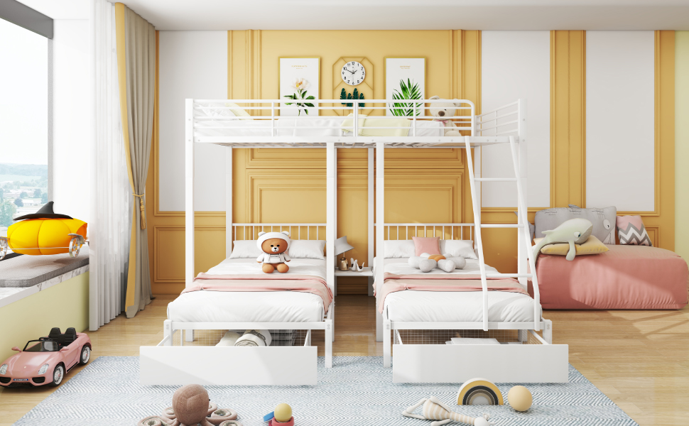 Lit triple 140×200 + 2×90×200 cm avec 2 tiroirs escamotables, divisible en 3 lits séparés, pour famille et invités, gain de place vertical, beaucoup de couchages, design polyvalent, stabilité, fonctionnalité - image 7