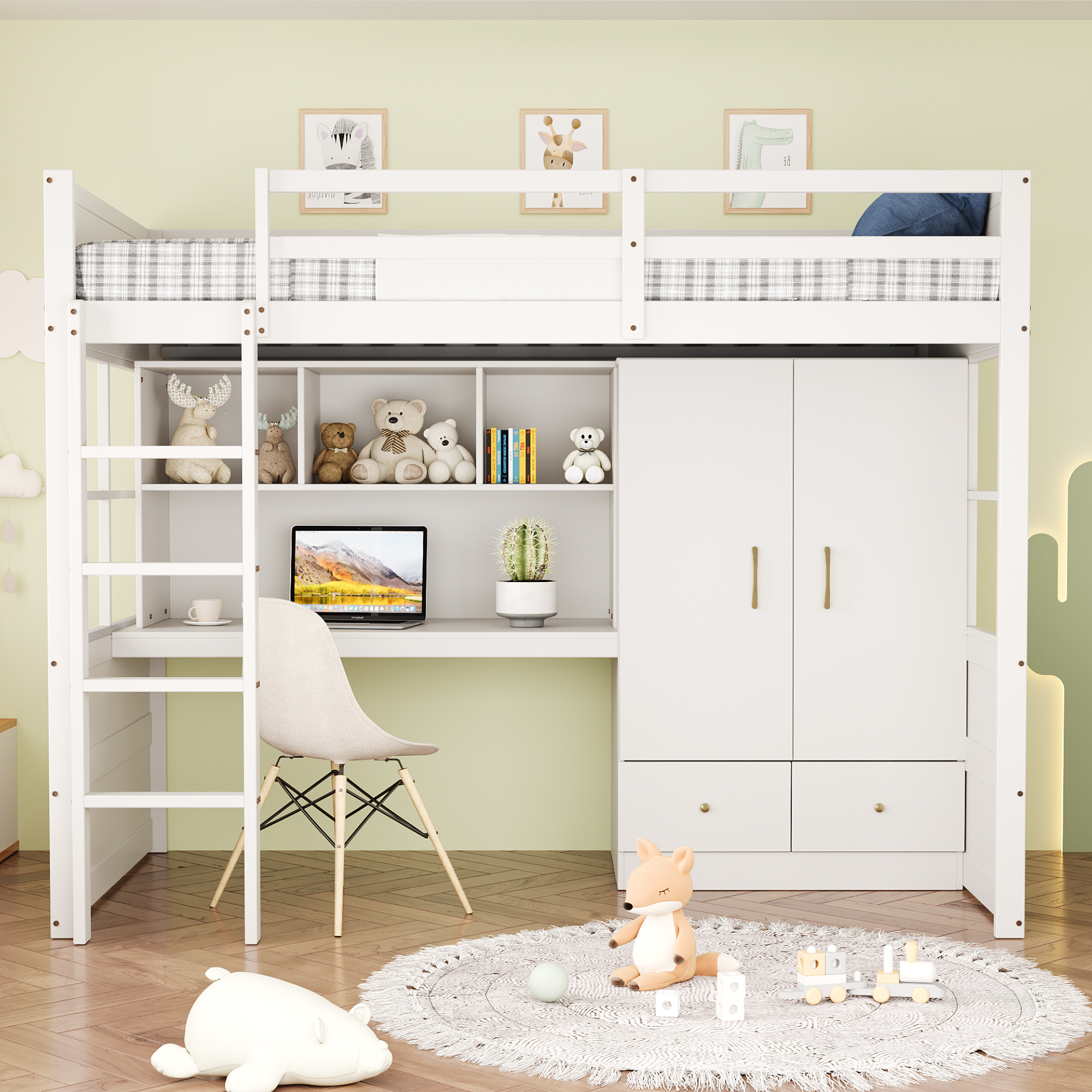 Lit mezzanine 90x200 cm gain de place 204,5x102x174 cm en bois Blanc - vue principale 1