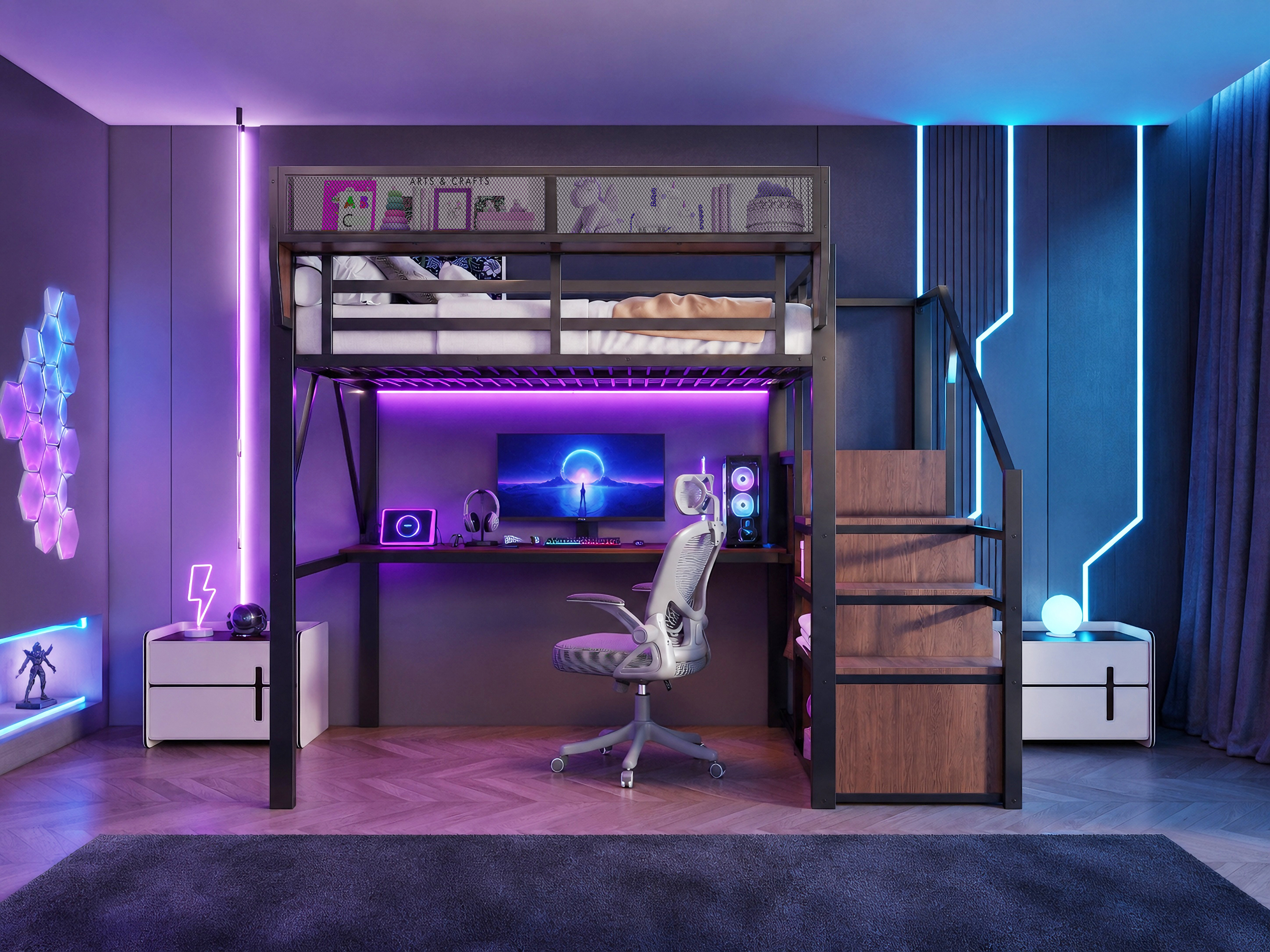 Lit mezzanine noir en métal avec bureau intégré, rangement et éclairage LED
