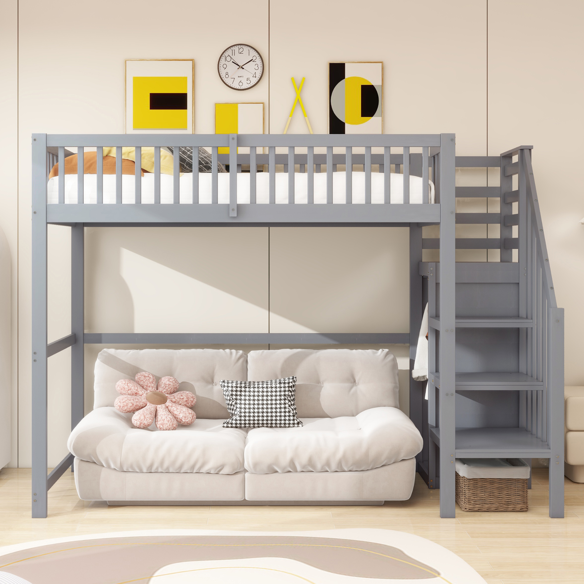Hochbett 90x200 mit Treppe, Kinderbett aus Holz mi