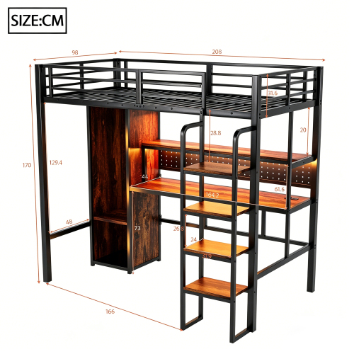 Dimensions du lit mezzanine en métal 90x200 cm avec bureau et penderie