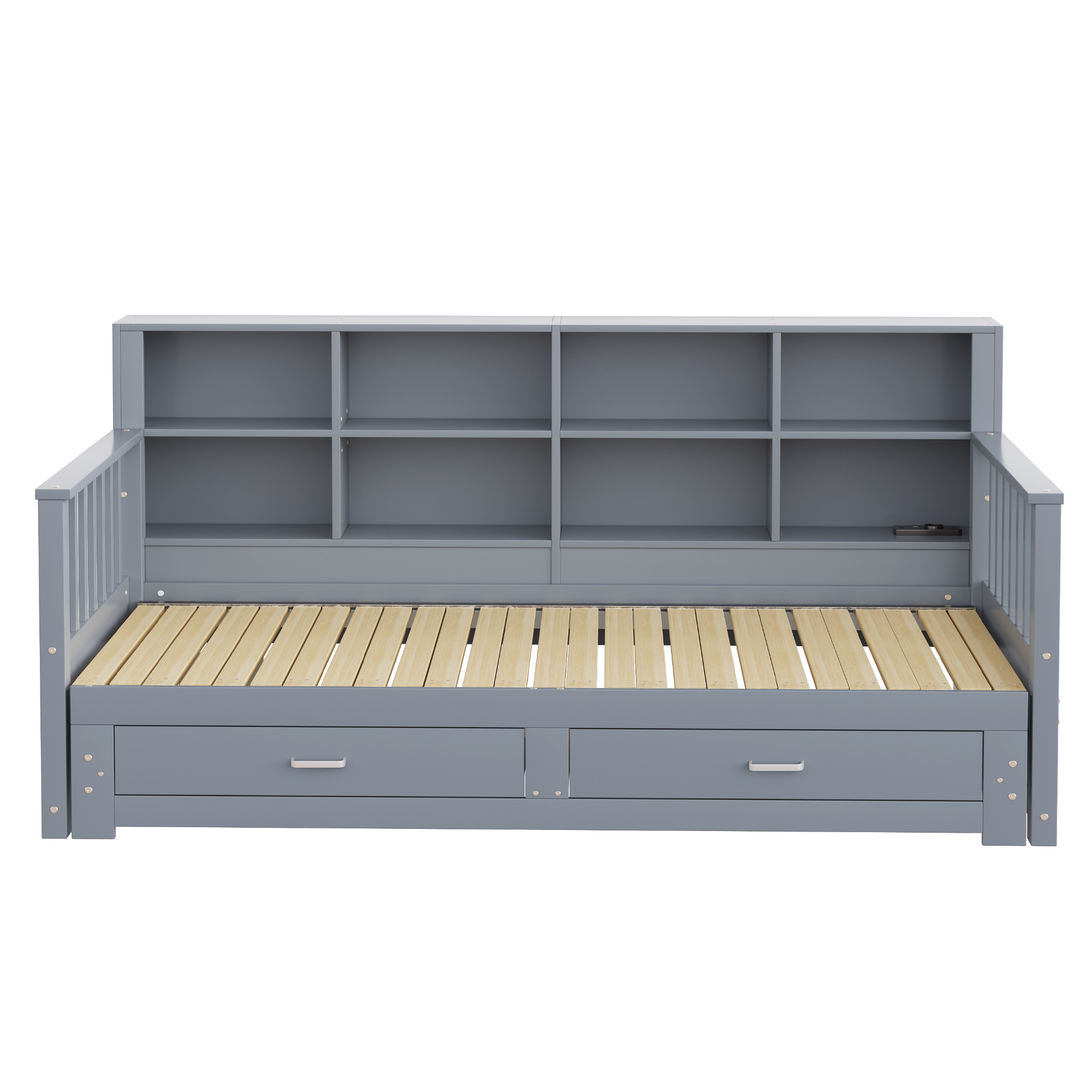Canapé-lit en bois escamotable 90×190 à 180×190 cm, rangements dossier, prise, tiroir, pour chambre, conversion simple, beaucoup de stockage, recharge appareils, design multifonction, style pratique - image 7