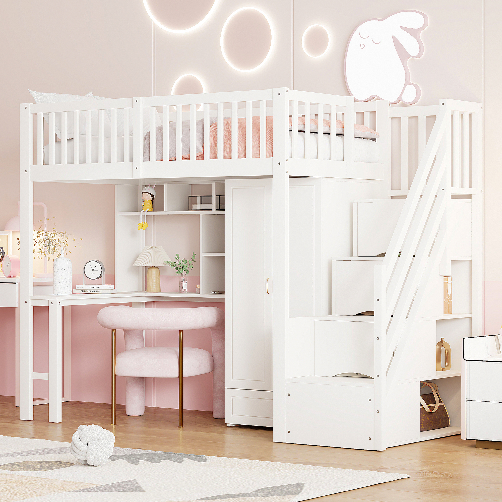 Hochbett 90 x 200 mit großem Kleiderschrank Regal 