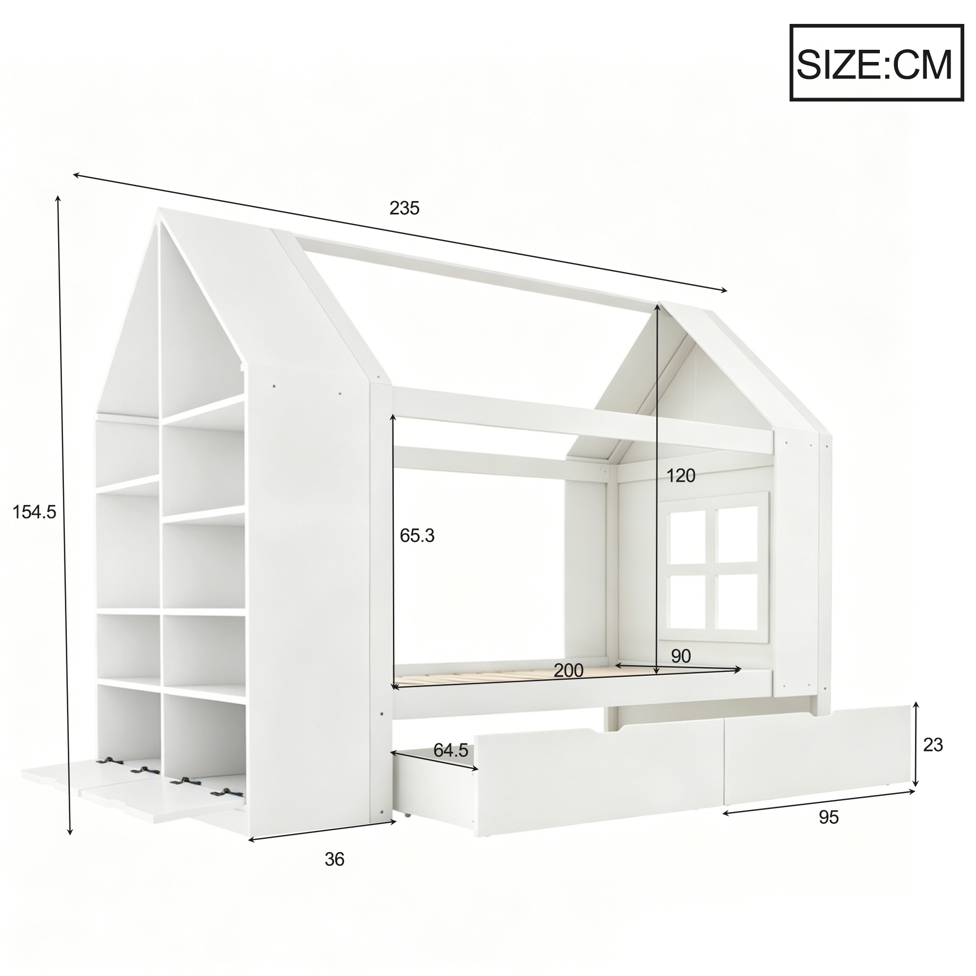 Lit cabane enfant 90 x 200 cm, 2 tiroirs, éclairage LED latéral, bois massif et MDF, blanc, 235 x 95 x 154,5 cm 🏠 - vue complémentaire 1