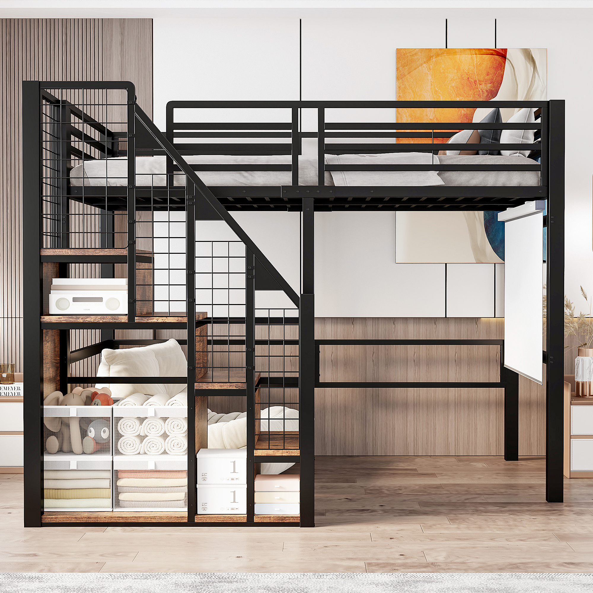 Lit mezzanine en métal 90 x 200 cm avec rangement penderie, escalier et espace inférieur noir