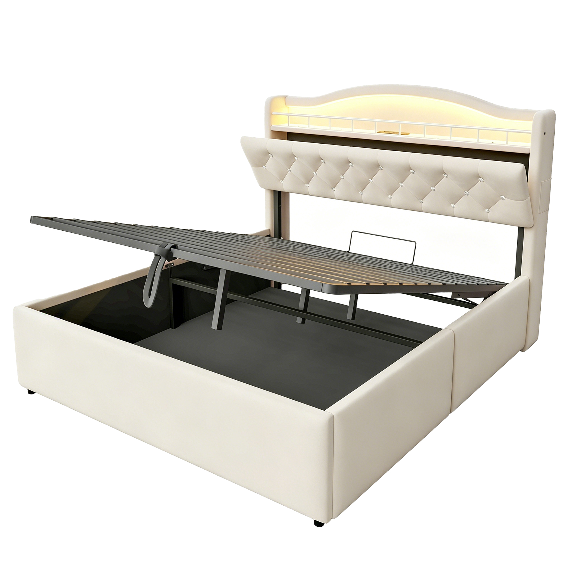 Présentation de Lit coffre rembourré en velours 140 x 200 cm avec rangement hydraulique, LED, ports USB-C et tête de lit avec rangement, Beige