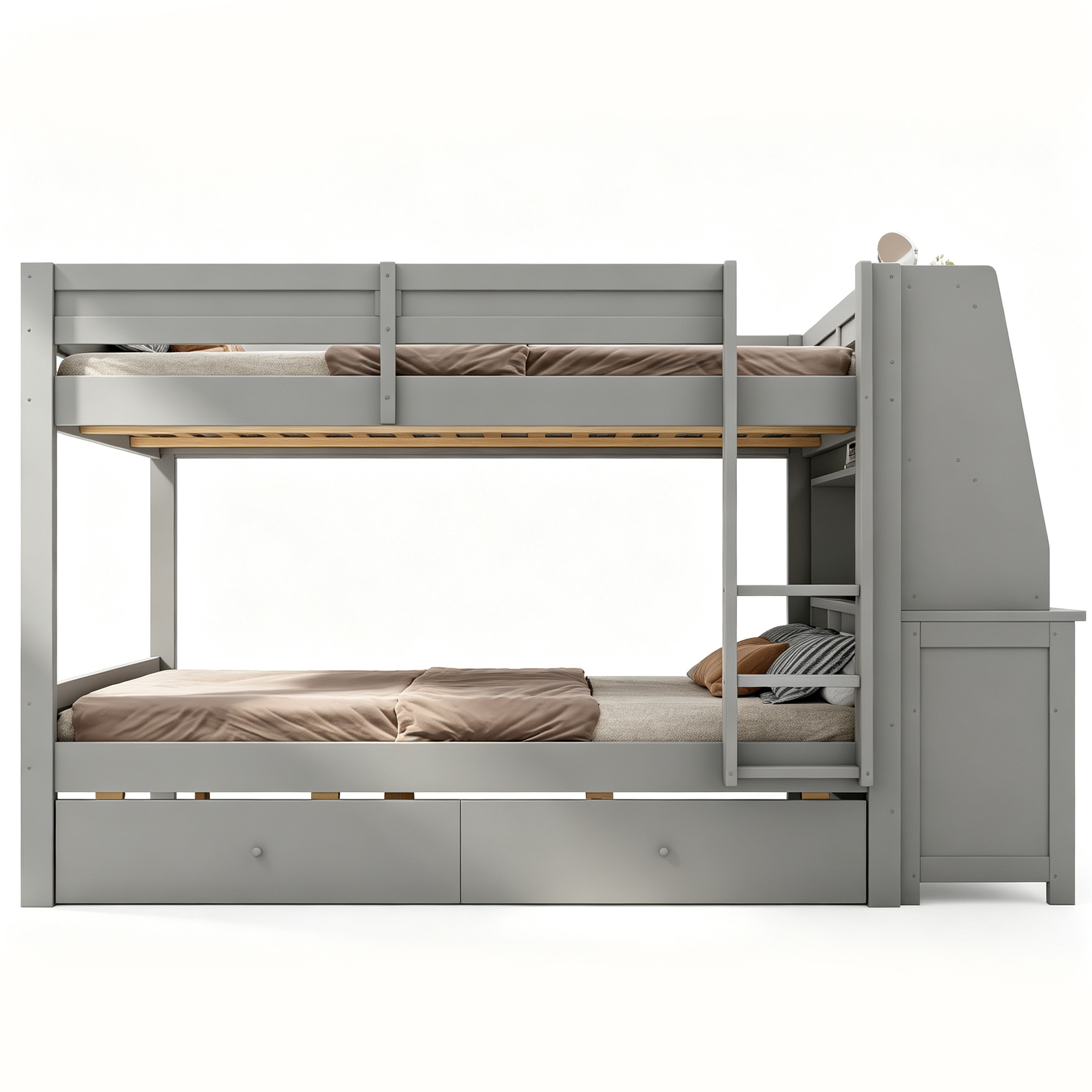 Présentation de Lit mezzanine en bois 140 x 200 cm avec bureau, tiroirs, rangements et barrières de sécurité, Gris