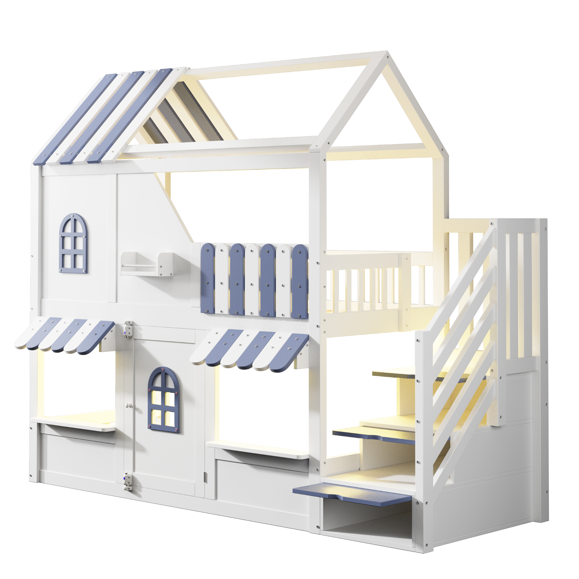 Lit superposé 90 x 200 cm avec échelle avec rangement, LED, rangements, bois, Blanc et bleu - dimensions et détails
