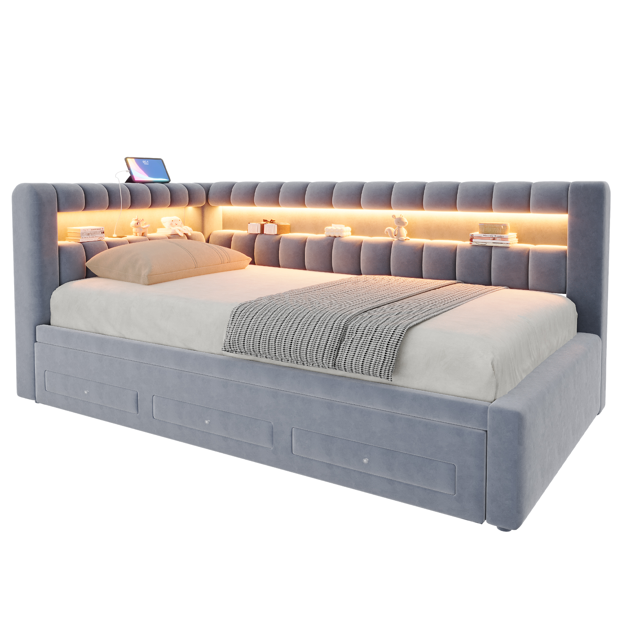 Lit banquette convertible 90x190 cm,en velours,couchage gigogne,éclairage LED,ports USB et Type-C,gris,lit 1 place,lit avec rangement intégré