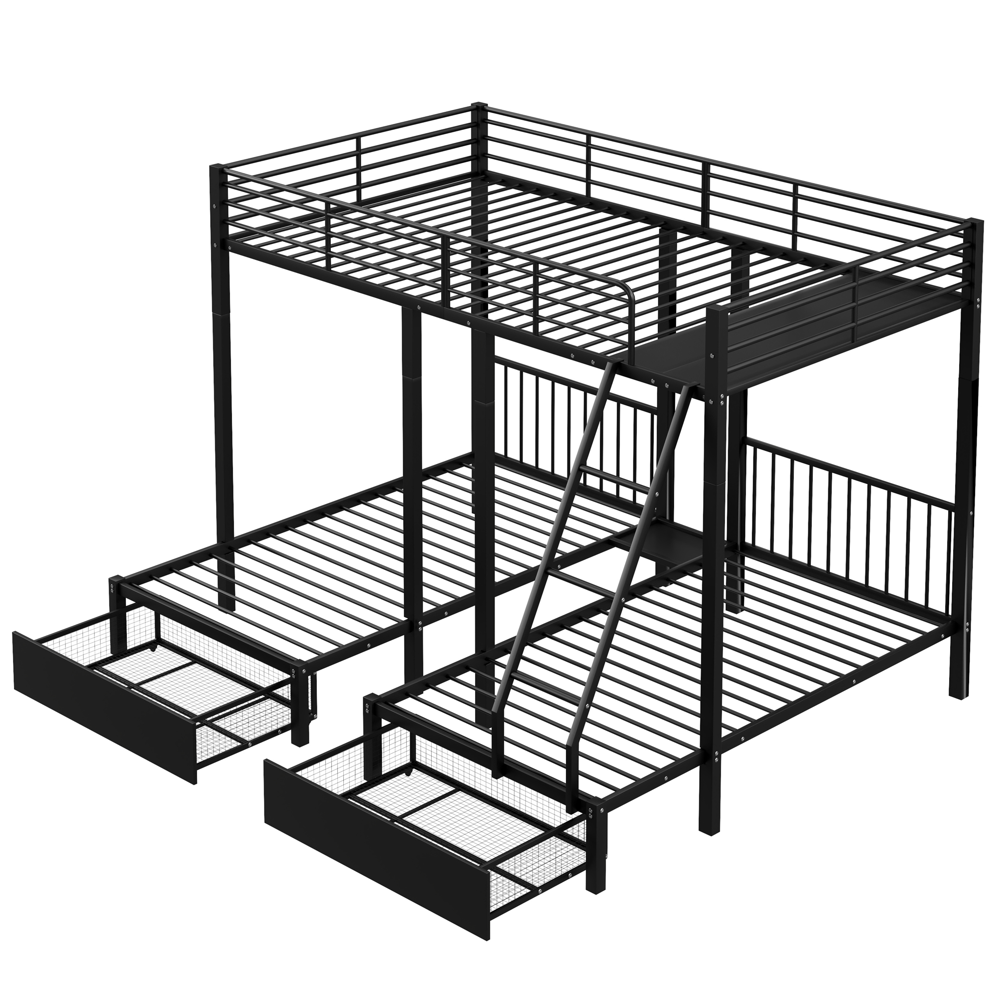 Lit triple 140×200 + 2×90×200 cm, 2 tiroirs escamotables, divisible en 3 lits séparés, barrières continues, pour famille et invités, gain de place vertical, stabilité, sécurité, fonctionnalité, durabilité - image 9