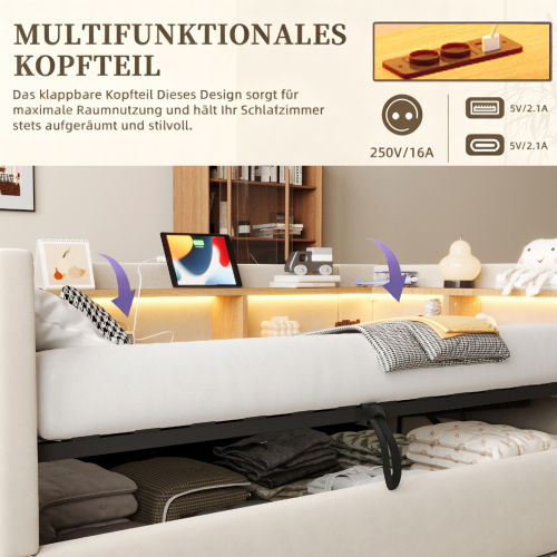 Détails du canapé convertible avec coffre de rangement