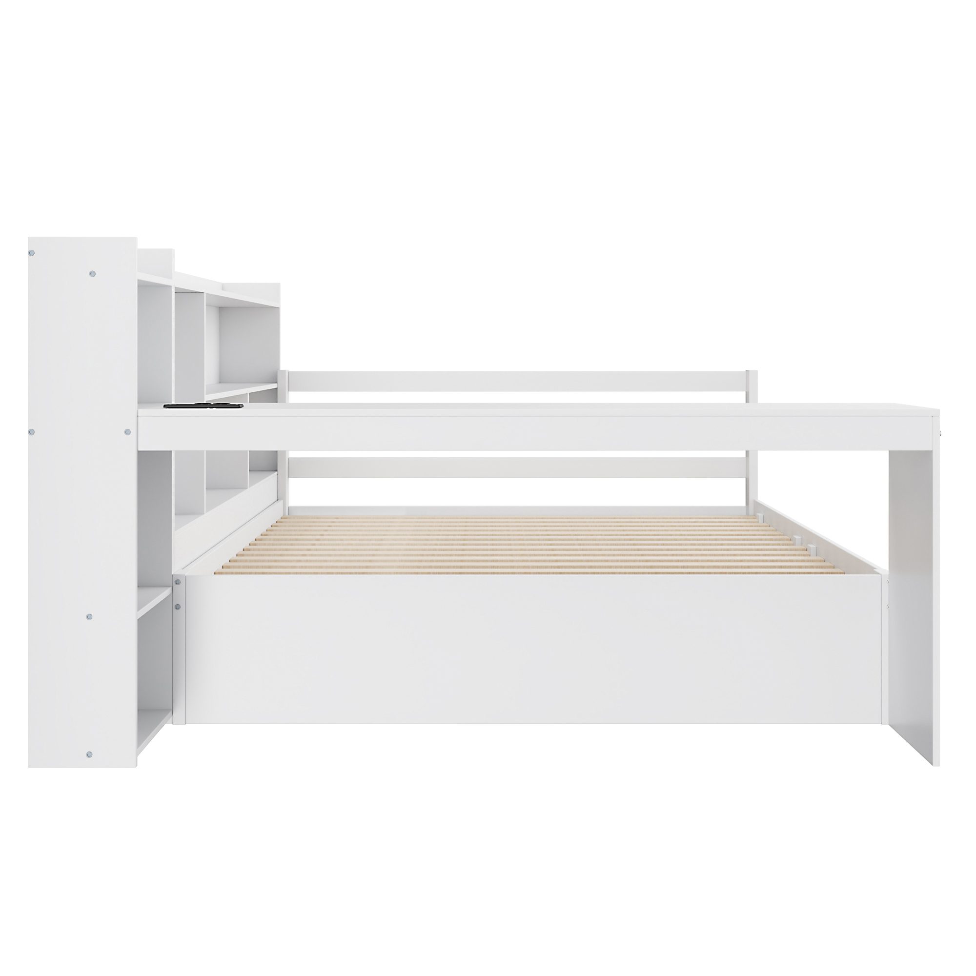 Canapé-lit en bois avec escamotable, étagères, bibliothèques, compartiments, prise + USB, pour salon et chambre, beaucoup de rangement, couchage supplémentaire, recharge au lit, design fonctionnel, stabilité, durabilité - image 15