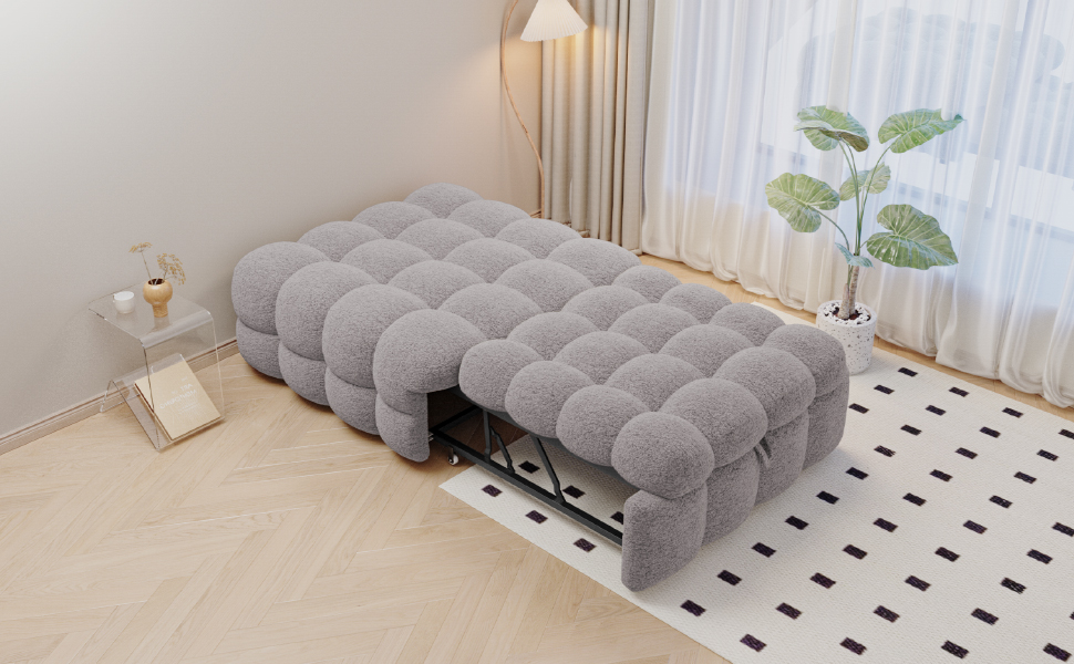 Lit pouf convertible 2-en-1 en tissu bouclé gris, - image 19