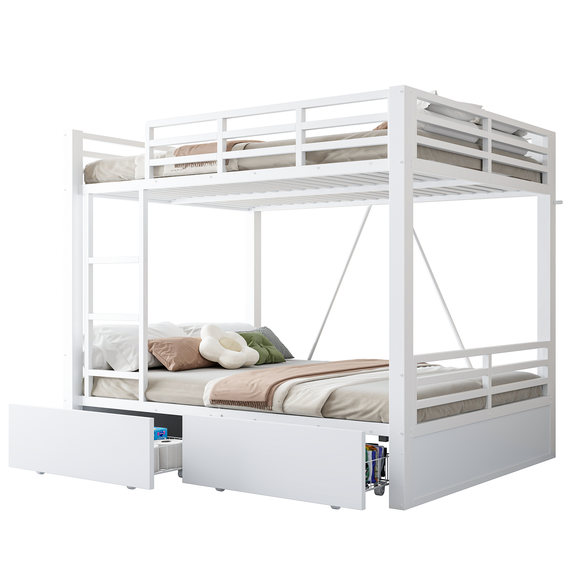 Lit superposé gain de place 204x148x164 cm en métal + bois Blanc - présentation 1