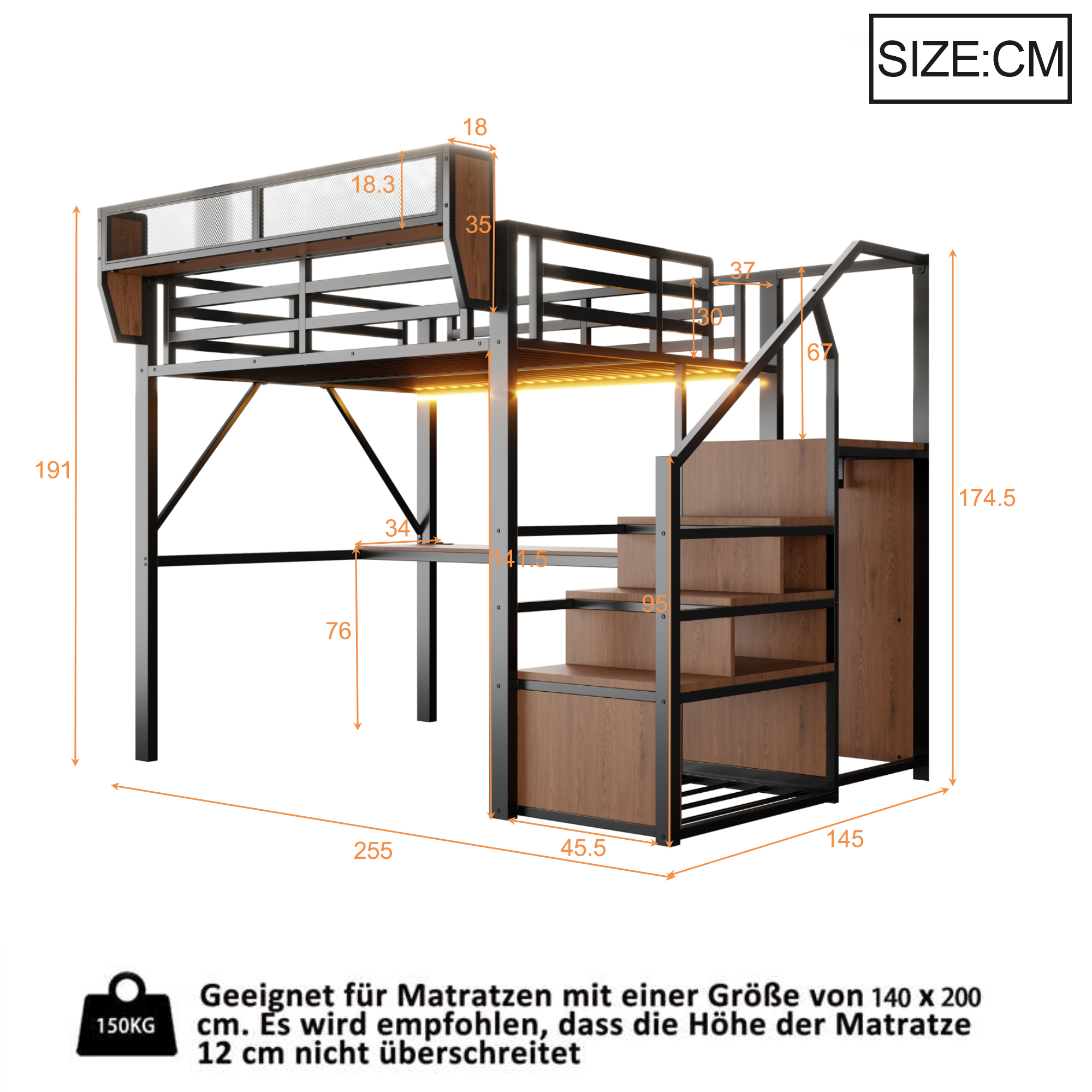 Lit mezzanine gain de place 255x145x191 cm en métal Noir - vue complémentaire 1