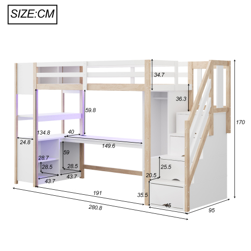 Dimensions du lit mezzanine 90x200 cm avec bureau et armoire