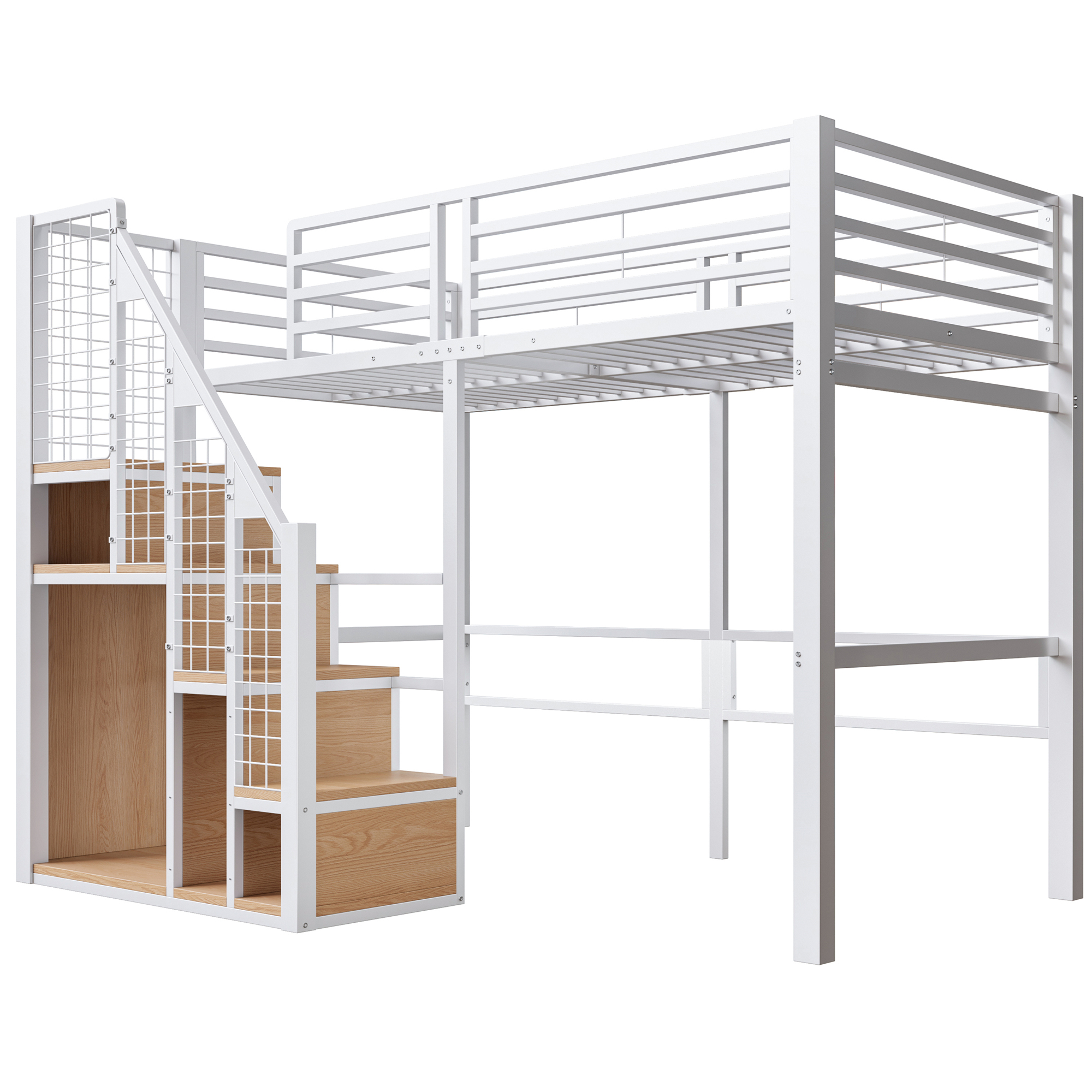 Lit mezzanine en métal 90 x 200 cm avec rangement penderie, escalier et espace inférieur blanc