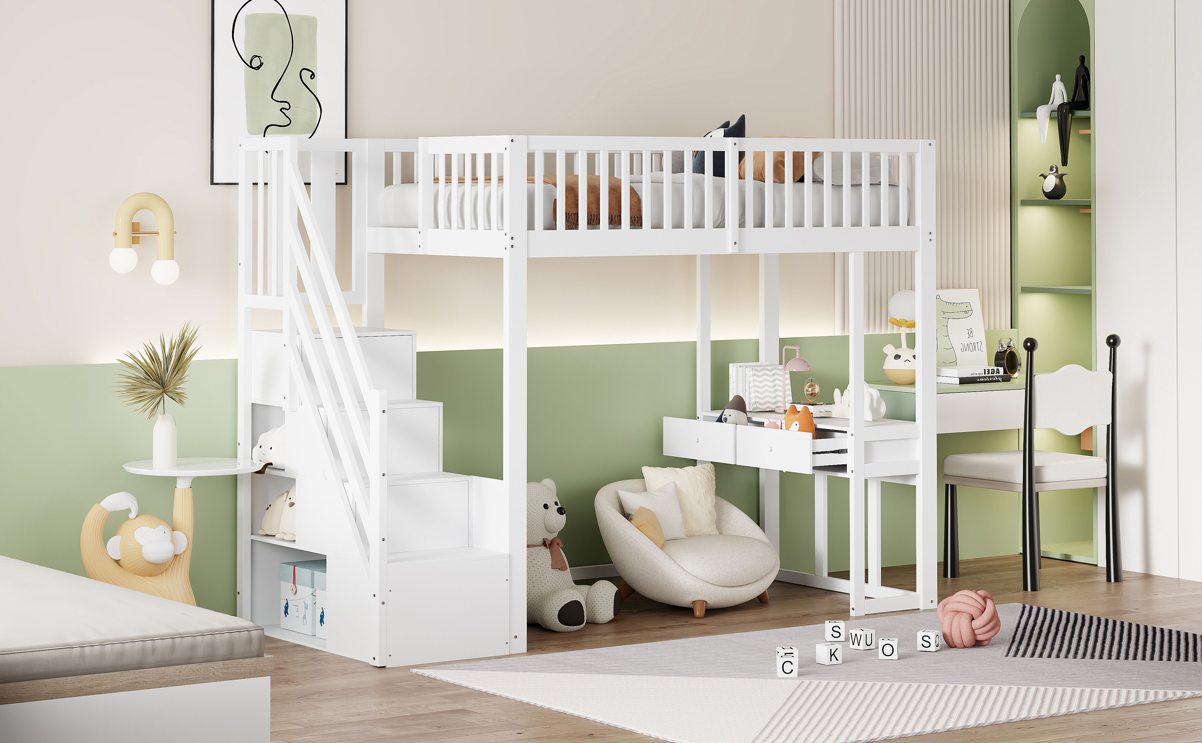 Lit mezzanine pin avec table multifonction (coiffeuse/ordinateur/travail), échelle-coffre sécurité, espace sous lit, pour enfant et adolescent, chambre et étude, gain de place, sécurité renforcée, stabilité, durabilité - image 15