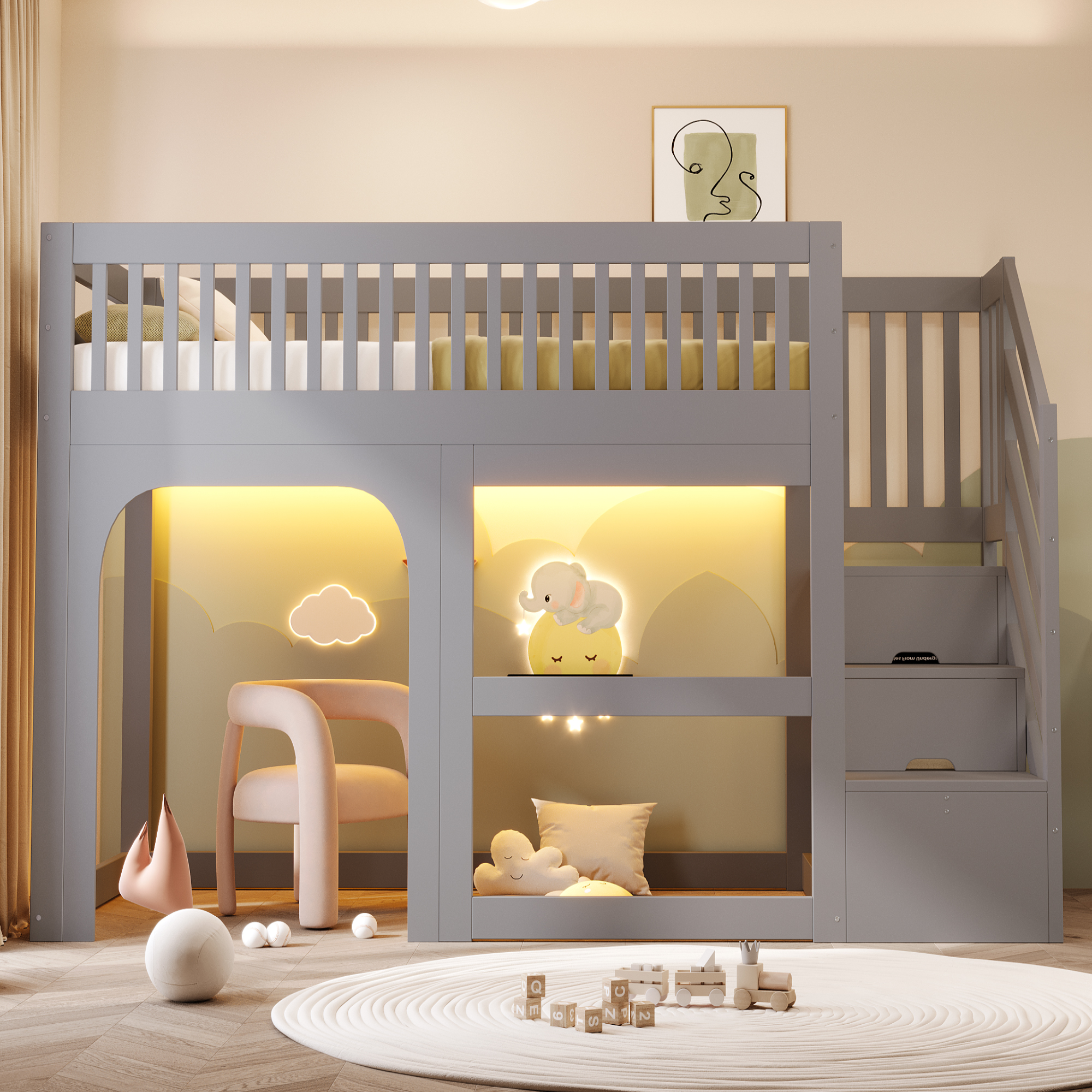 Lit mezzanine en bois 90 x 200 cm avec éclairage LED, rangements et barrières de sécurité, Gris