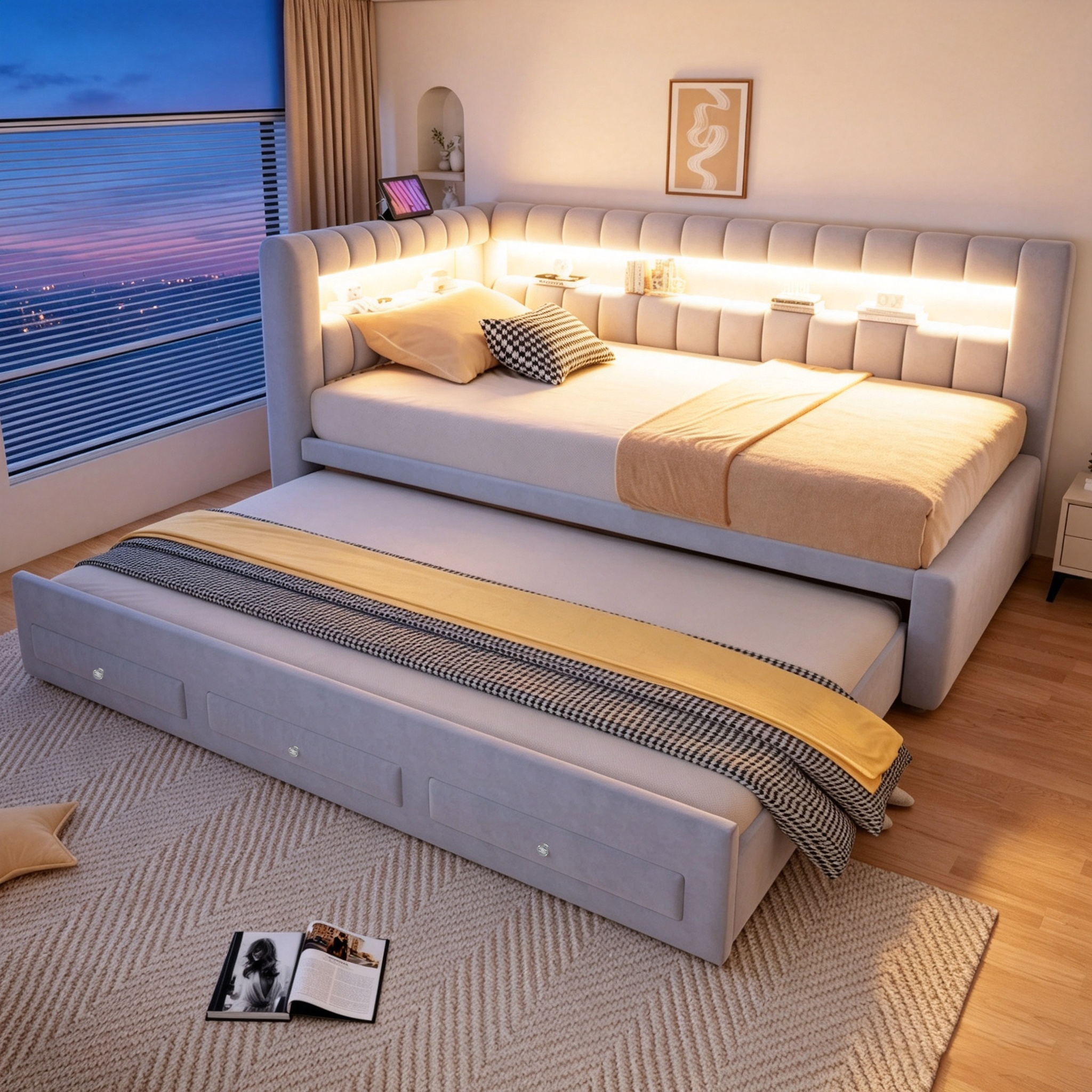 Lit banquette convertible 90x190 cm,en velours,couchage gigogne,éclairage LED,ports USB et Type-C,gris clair et gris,lit 1 place,lit avec rangement intégré