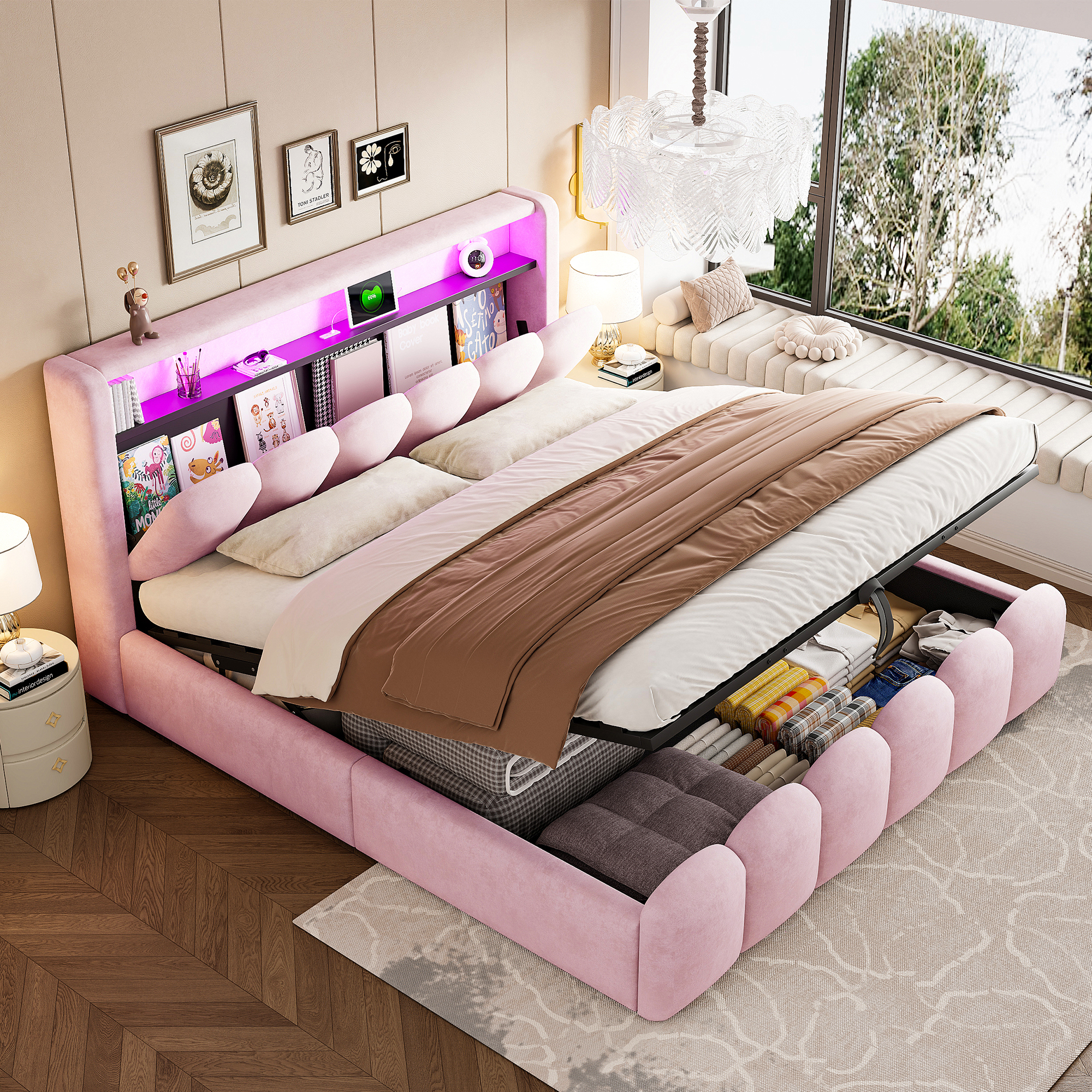 Lit coffre double 180x200 cm en velours rose
