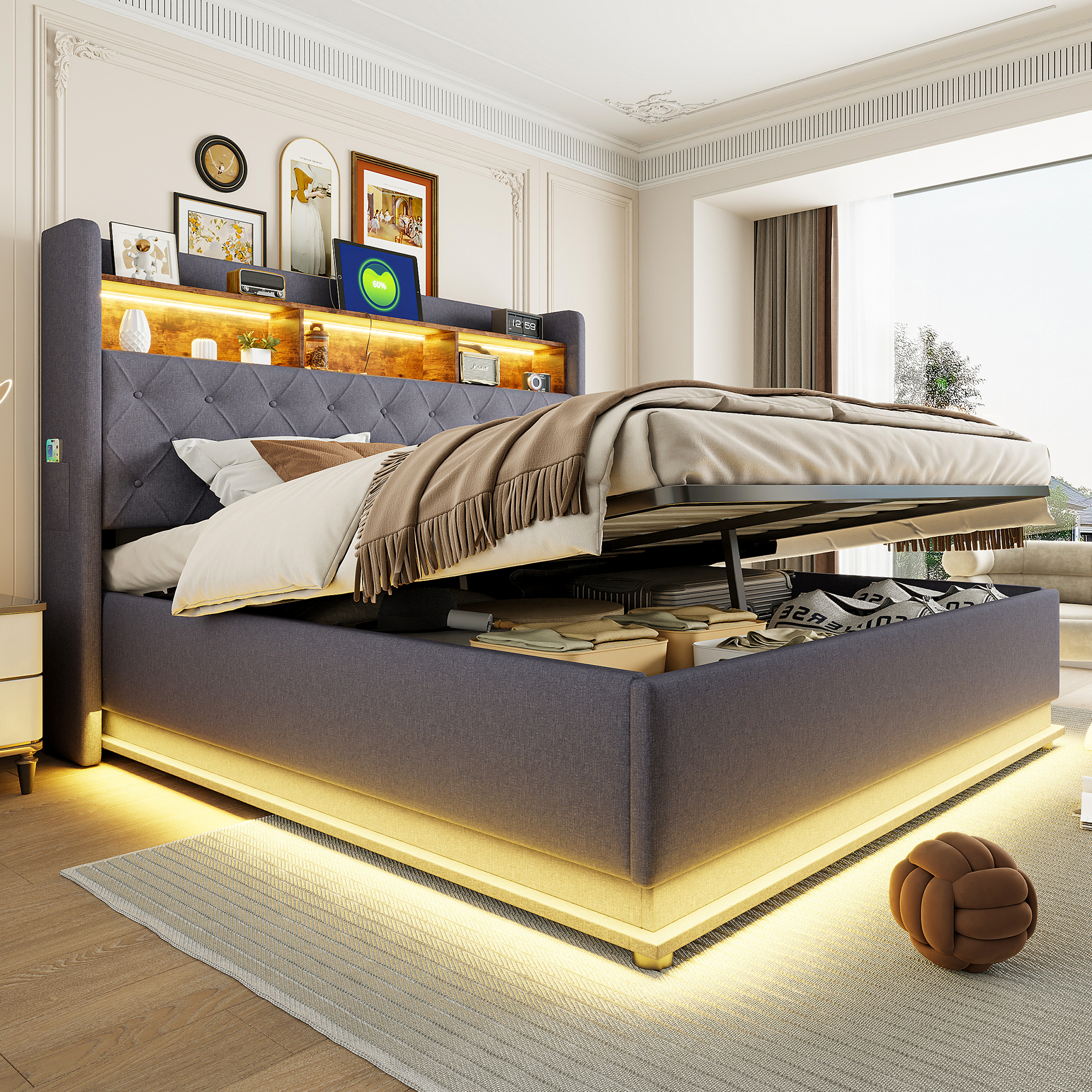LED-Polsterbett 180 x 200 cm, Gepolstertes Staurau