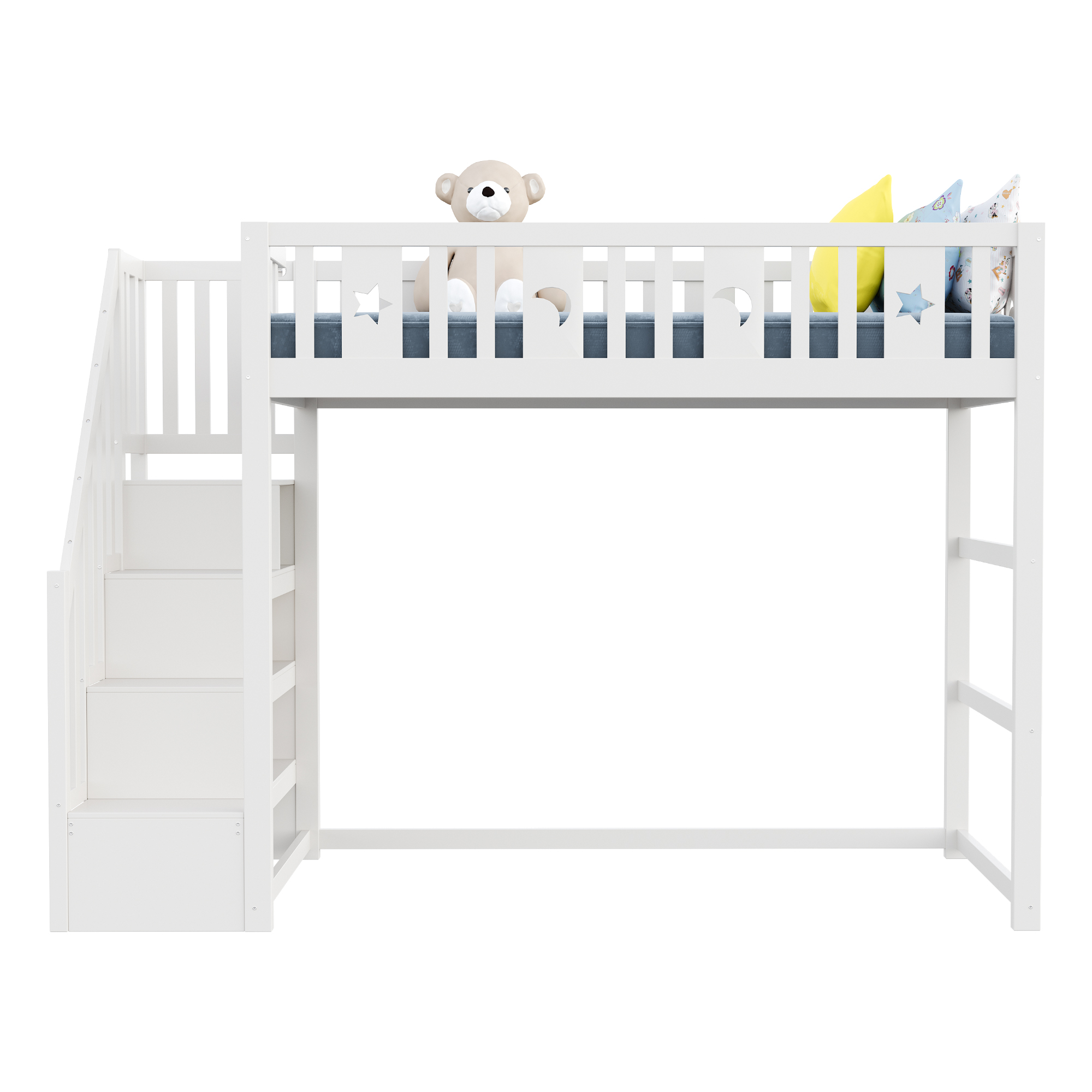 Dimensions et détails du lit mezzanine enfant 90 x 200 cm en bois massif avec escalier de rangement, détails étoile et lune, blanc