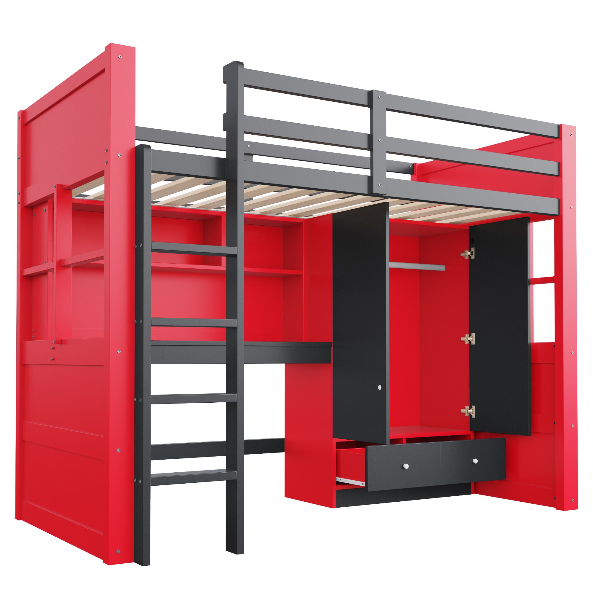 Lit mezzanine 90x200 cm gain de place 205x100,5x174 cm en bois Noir + Rouge - spécifications 1