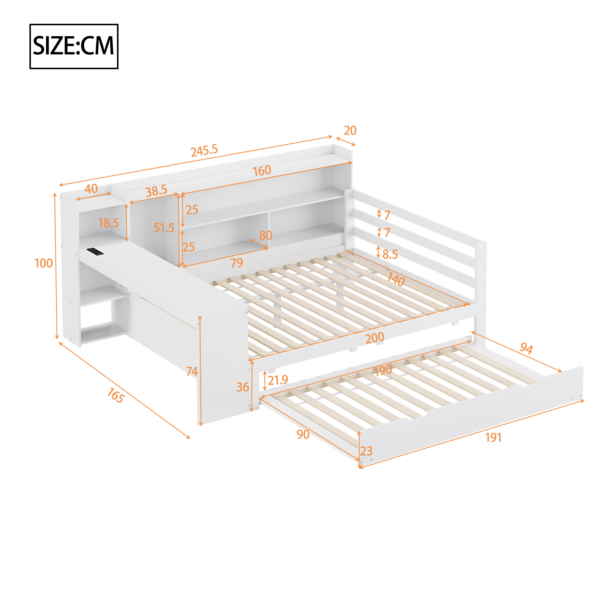 Canapé-lit en bois avec escamotable, étagères, bibliothèques, compartiments, prise + USB, pour salon et chambre, beaucoup de rangement, couchage supplémentaire, recharge au lit, design fonctionnel, stabilité, durabilité - image 16