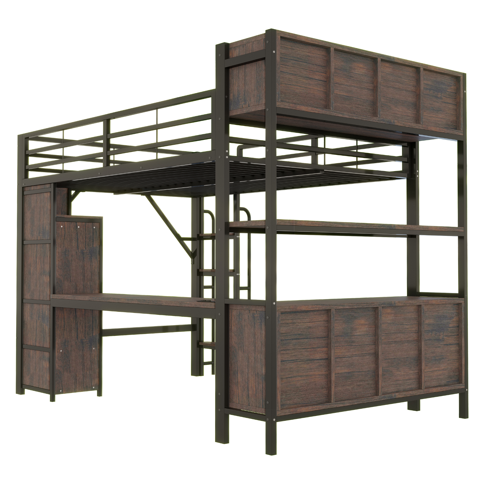 Lit mezzanine 140 x 200 cm, bureau intégré, penderie intégrée, éclairage LED au niveau du bureau, prise intégrée, métal, noir, 229,2 x 145 x 185 cm - points forts 1