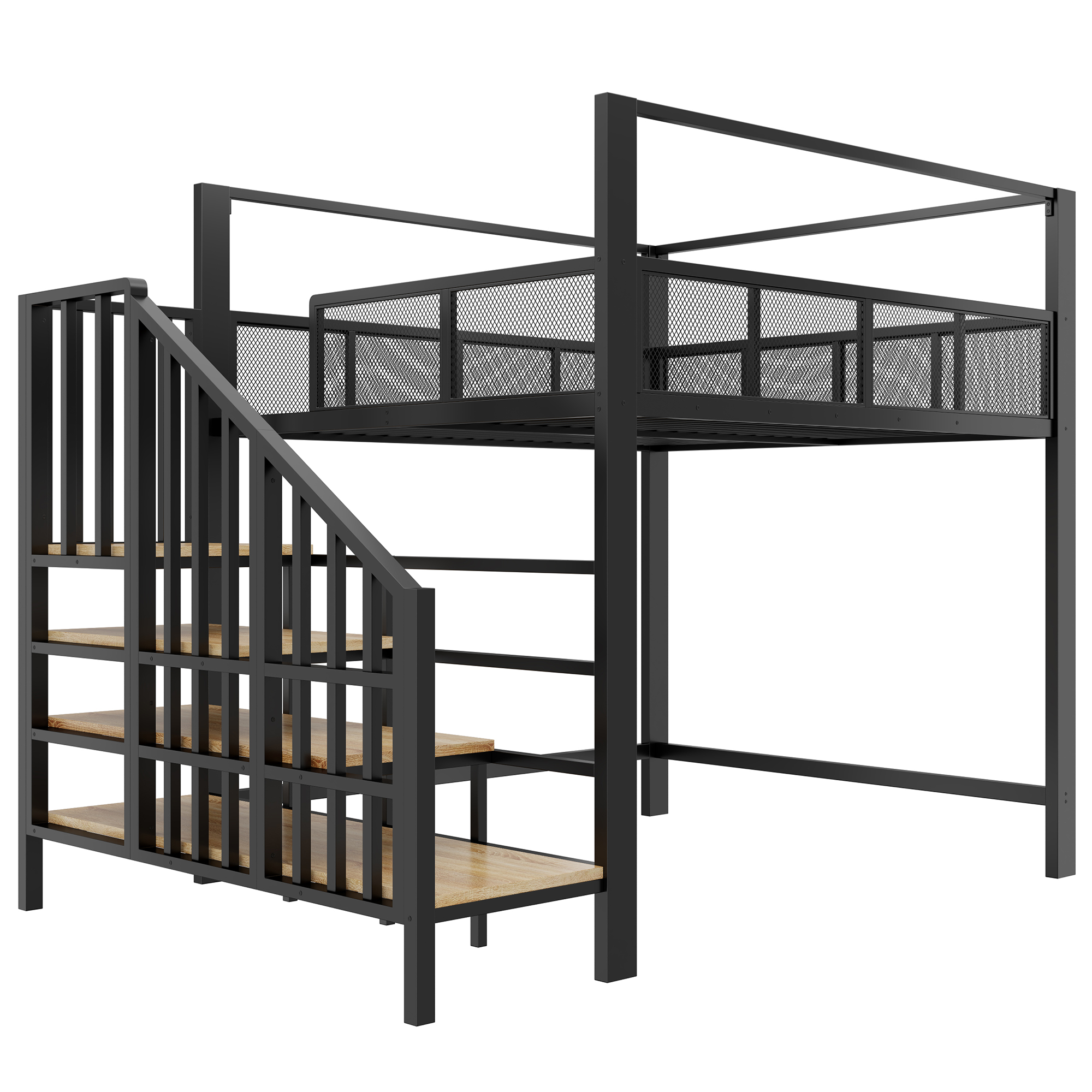 Lit mezzanine 140 x 200 cm, bureau intégré, escalier de rangement, baldaquin, garde-corps, métal, noir, 252,2 x 145,5 x 193 cm - points forts 1